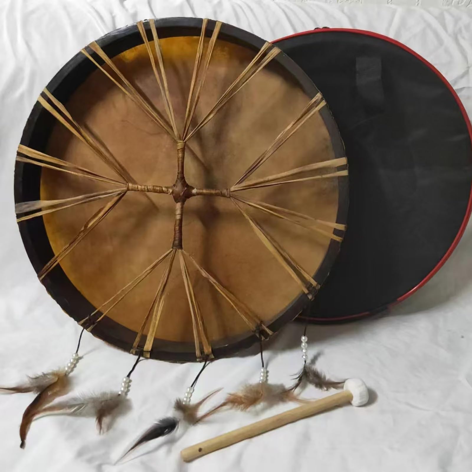 Tambour Chamanique en Peau de Mouton avec Baguettes - Sac pour Guérison par la Musique, Alchimie Voix Basse Amérindien pour Méditation Yoga (40cm, Cross)