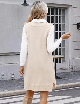 Zeagoo Womens Vests Fashion Casual Vest Top V Neck Sweater Vest Dress 2025 Knit Vest for Women Oversized Long Knitted Sweaters White at Amazon Women's Clothing store
