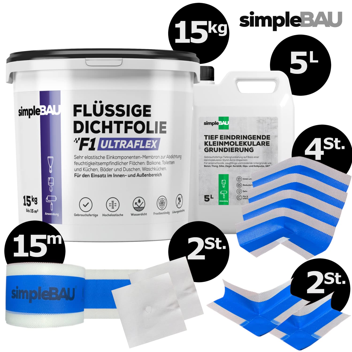 Flüssigfolie F1 Ultraflex Abdichtset 15kg +1L Tiefengrund Bad
