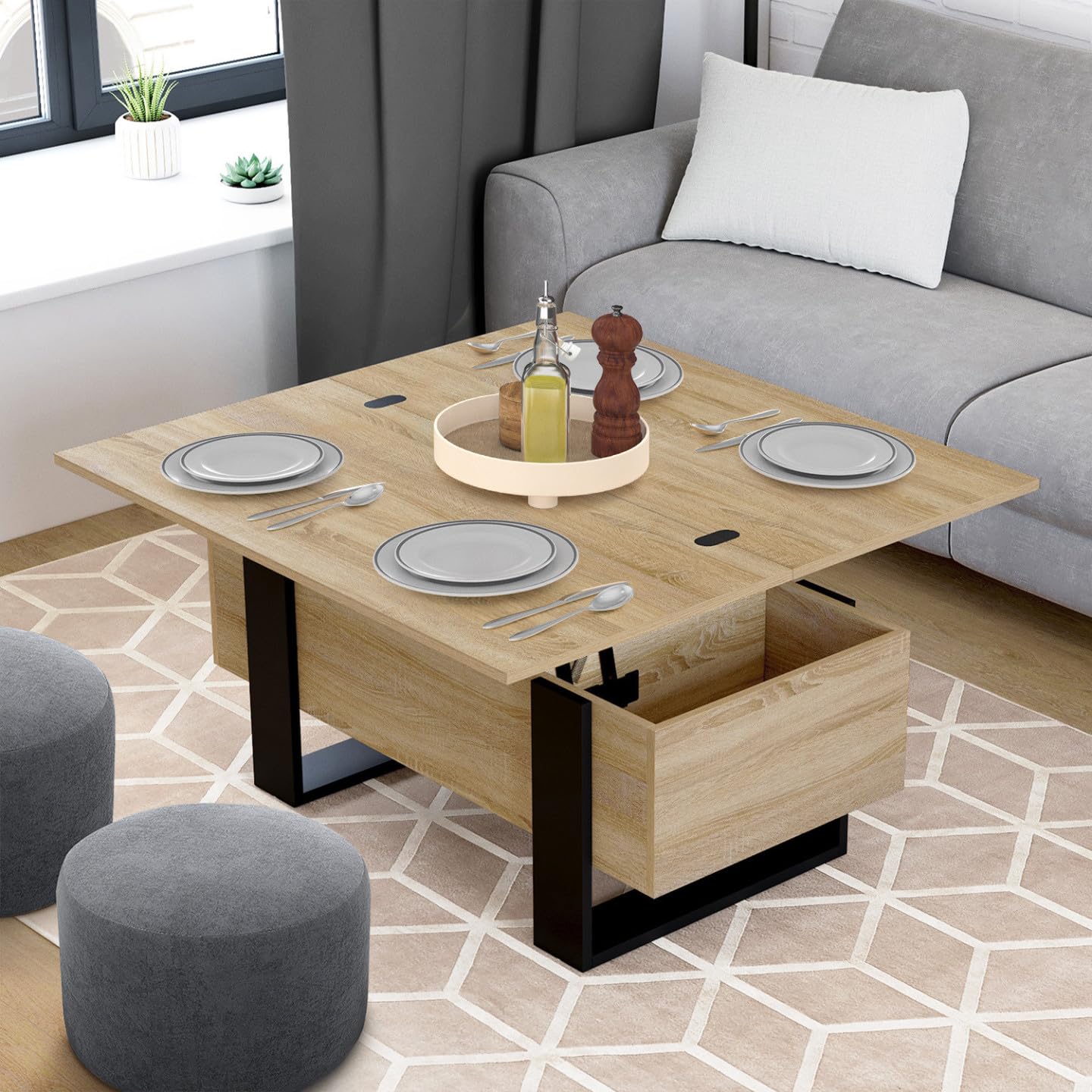 IDMarket - Mesita rectangular que se transforma en una mesa de comedor de diseño industrial PHOENIX