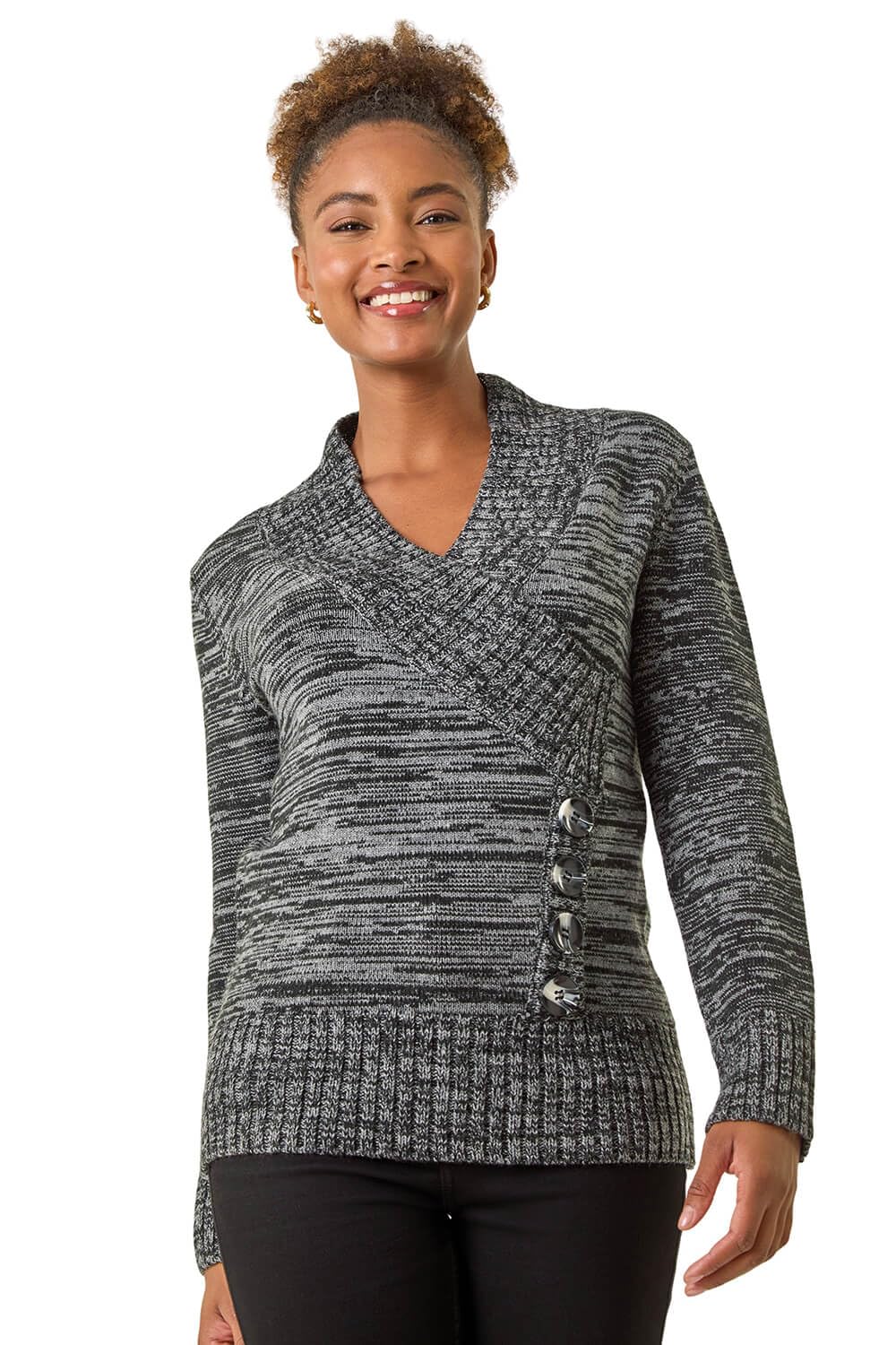 Roman Women's Longline Buttoned Knit Jumper in Dark Grey | Size: 14