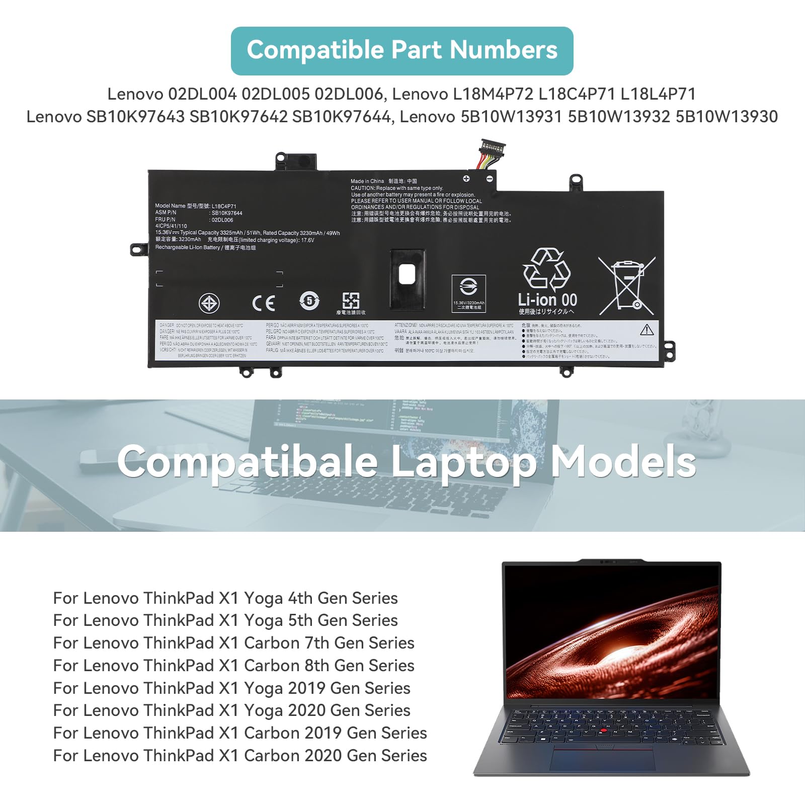 K KYUER 51Wh L18C4P71 L18L4P71 Batteria per Lenovo ThinkPad X1 Yoga 2019 2020 4th 5th Gen ThinkPad X1 Carbon 2019 2020 7th 8th Gen 20QD 20QE L18M4P72 02DL004 02DL005 02DL006 5B10W13930 5B10W13931
