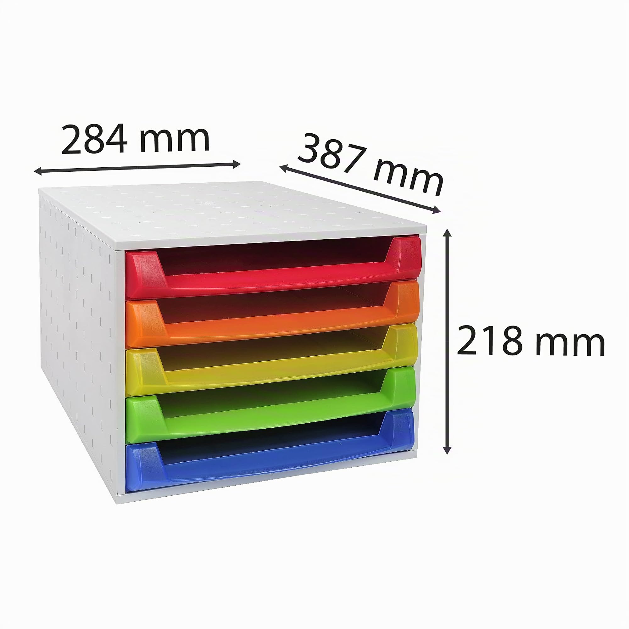 Exacompta - Réf. 221098D - THE BOX - Caisson 5 tiroirs ouverts pour document A4+ - Dimensions extérieures : Profondeur 38,70 x largeur 28,4 x Hauteur 21,8 cm - Arlequin transparent
