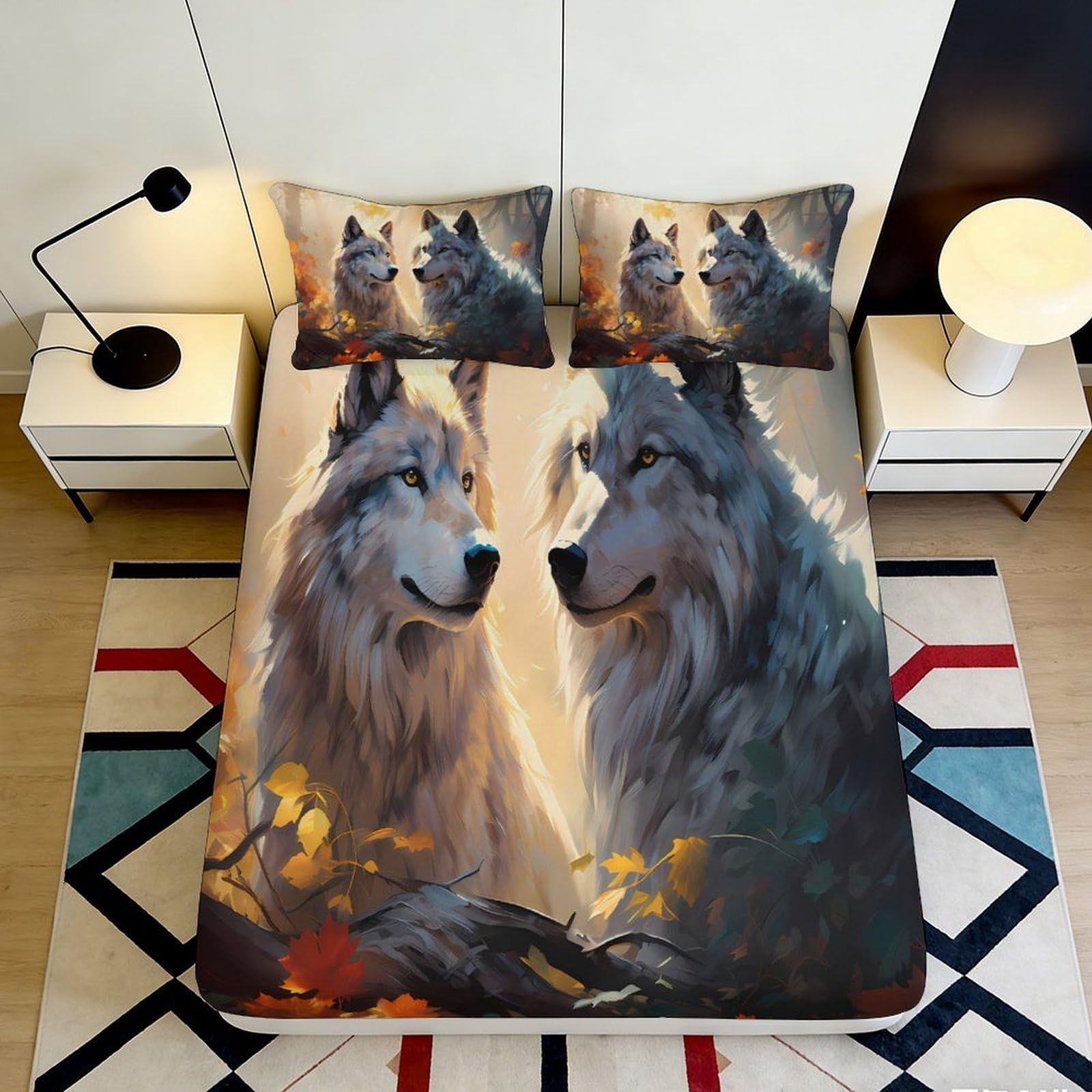 3D Printed Wolf Forest Fitted Sheet Microfiber Soft Mattress Cover Bedroom Decor Anti-Slip Washable Dustproof 90x200x25cm