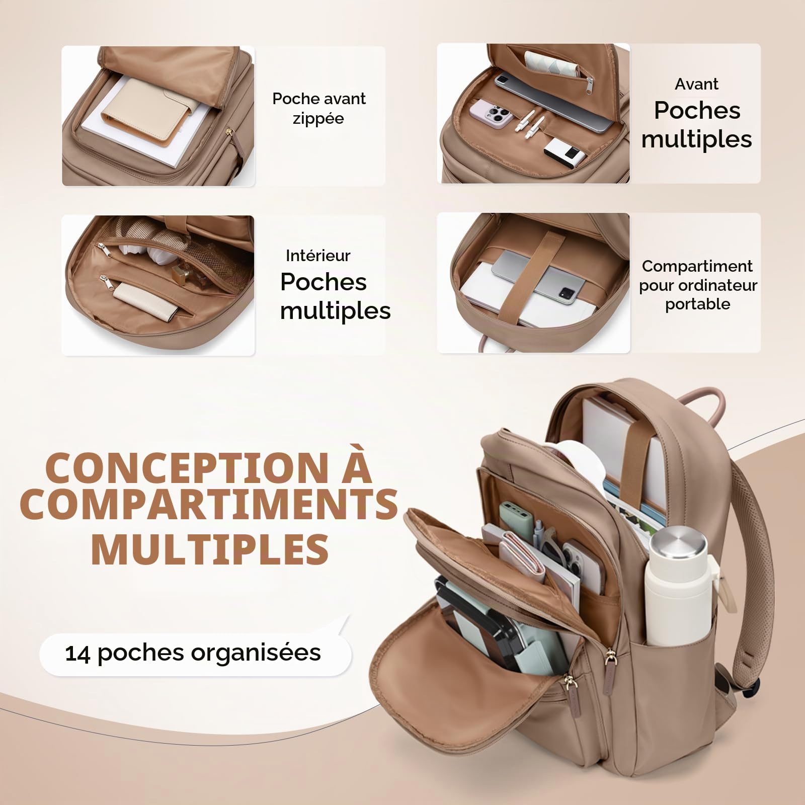 GOLF SUPAGS Grande Capacité Sac à Dos Ordinateur Portable pour Femme, Sac à Dos Multifonctionnel de Voyage d'affaires Loisirs Fits 15,6 Pouces Notebook