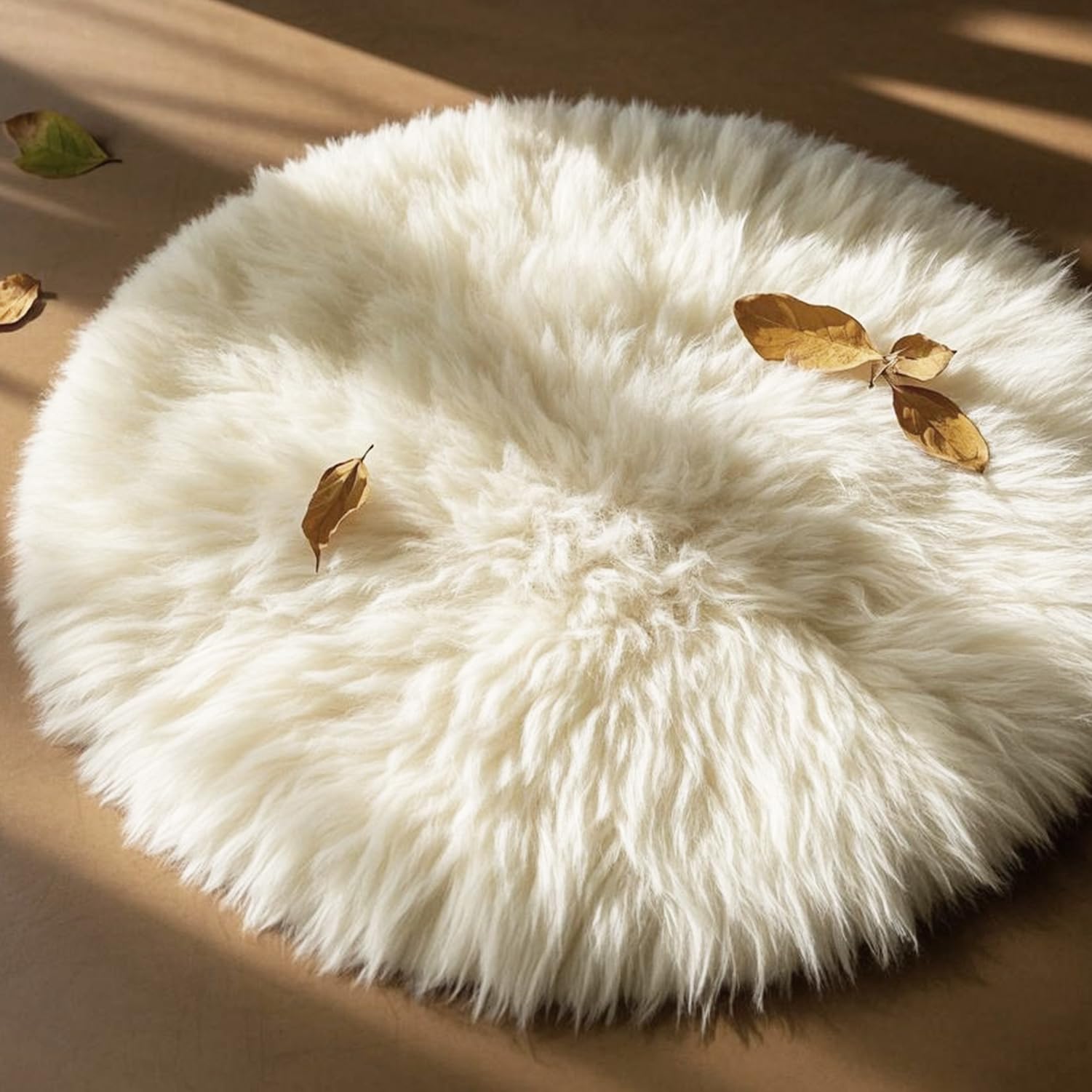 Champlus Genuine Australian Merino Round Sheepskin Rug, 4x4 ft Lambskin Area Rug, White