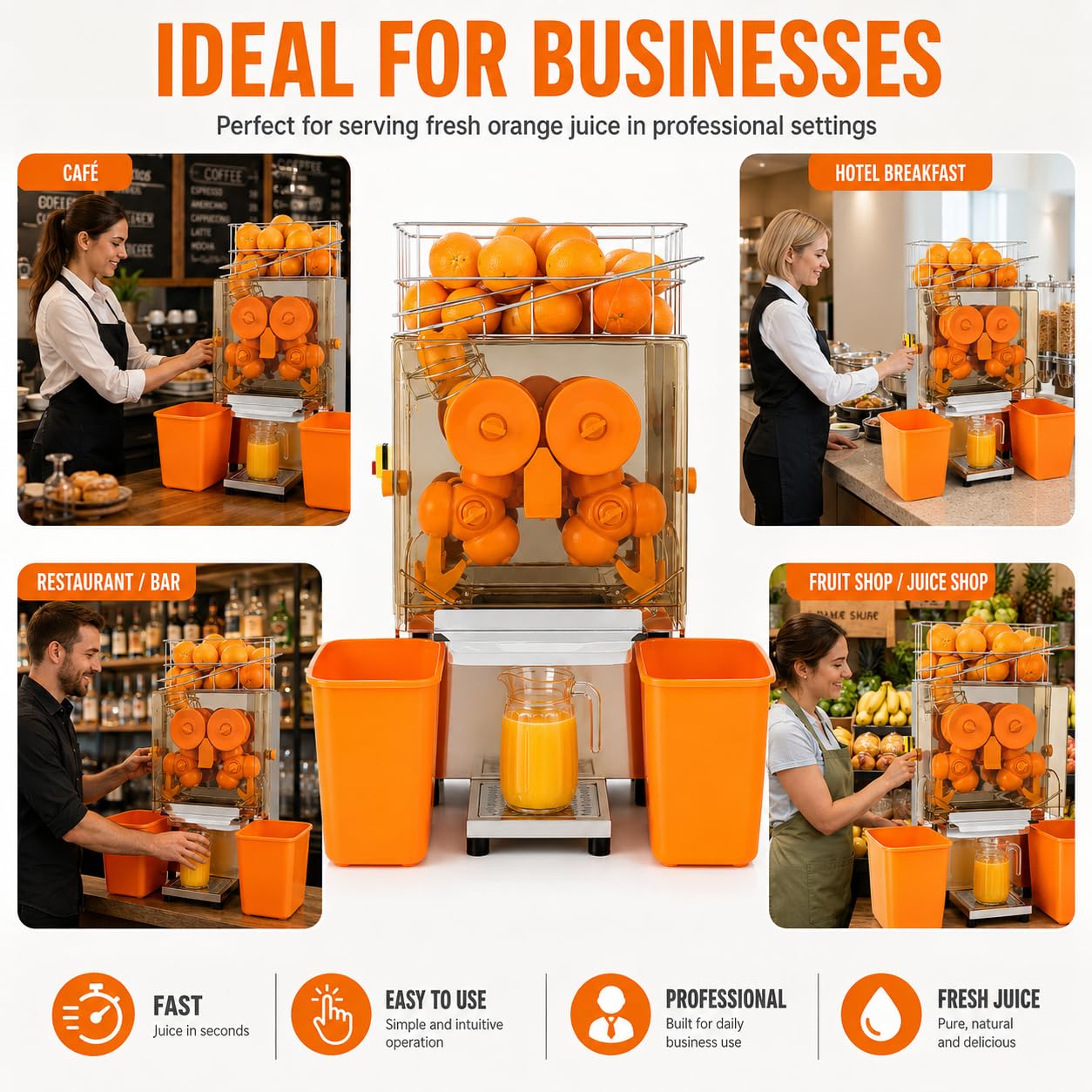 MAGIC SELECT Exprimidor de Naranjas Automático Profesional Hostelería | Máquina de Zumo Industrial, 120W, 20 Naranjas/min, Acero Inoxidable y Doble Cubo, Para Bar y Restaurante