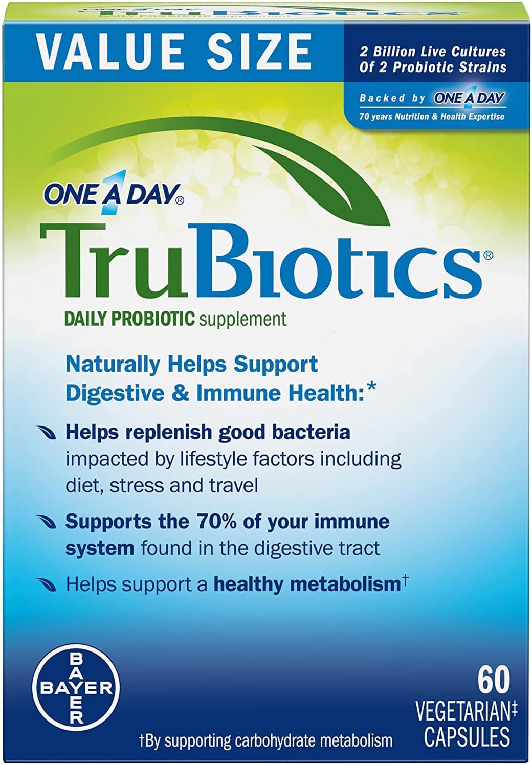 Daily Probiotic, 60 Capsules - Gluten Free, Soy Free Digestive + Immune Health Support Supplement for Men and Women