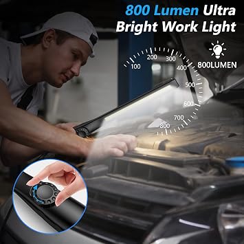 LED Work Light, 800 Lumens Rechargeable COB Work Light with Power Capacity Indicator, Magnetic Base& Hook, 360Swivel, for Car Repair, Home, Garage, Emergency and Outdoor Camping, 3200mAh