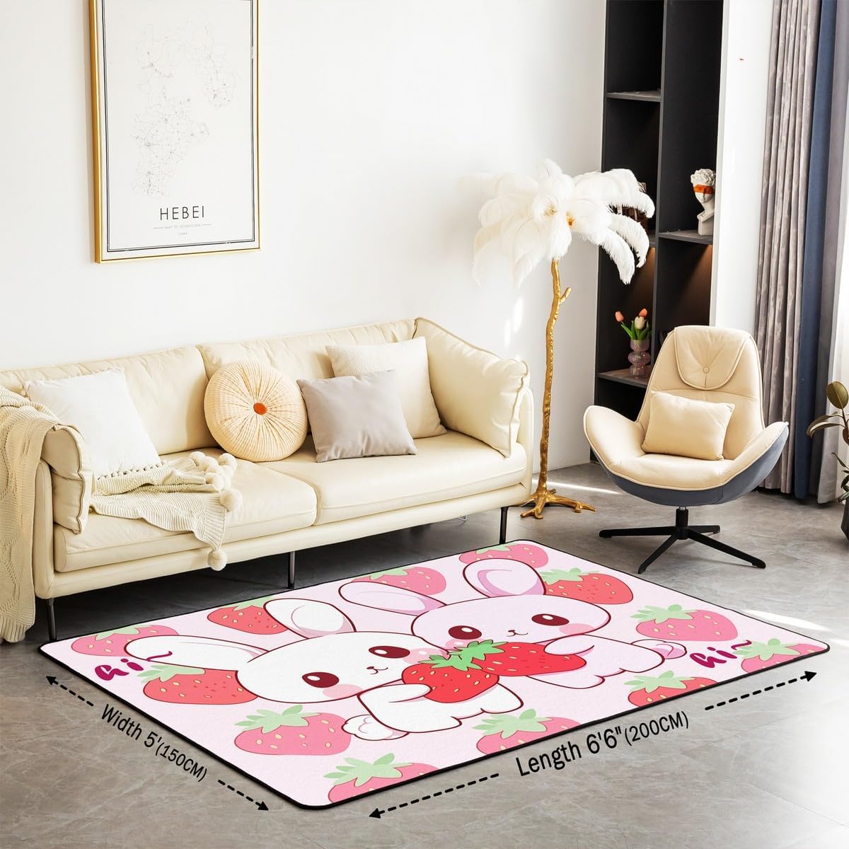 Feelyou Toddler Rabbit Living Room Rugs Area Rug 5x7 Cartoon for Kids Boys Girls Decor Cute Animal Decorative Carpet Strawberry Indoor Floor Mat Bedroom Farmhouse Accent Rug