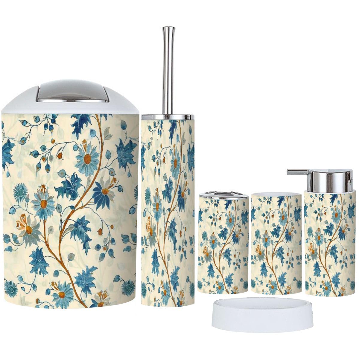 Bathroom Accessory Set 6 Piece Ajrakh Print Block Print Print madhubani Kalamkari Bandhani chinz abru Toothbrush Holder, Toothbrush Cup, Soap Dispenser, Soap Dish, Toilet Brush Holder, Trash can