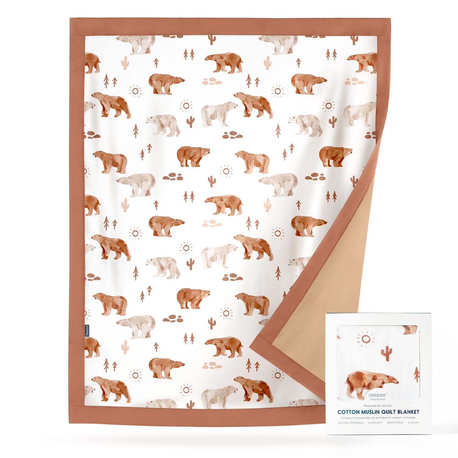 GRSSDER Muslin Cotton Quilt Blanket - Silky Soft and Breathable Baby Blanket Quilt, Oversized Muslin Blankets for Newborns, Toddlers &amp; Kids, 6 Layers Reversible Design for All Seasons, 40" x 50"