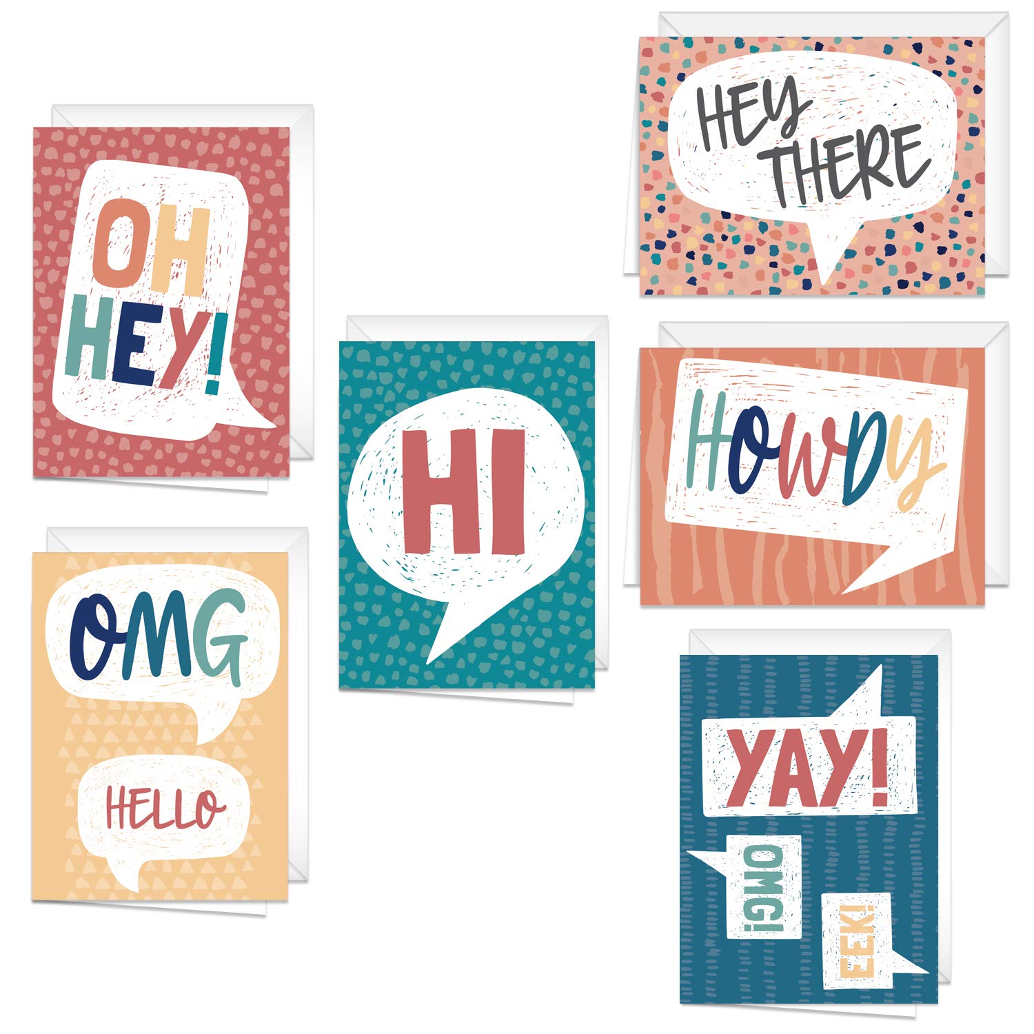 Cheerful Friendship Note Cards / 24 Everyday Encouragement Greeting Cards / 6 All Occasion Hello Designs / 3 1/2" x 4 7/8" Word Bubble Congratulations Card Set