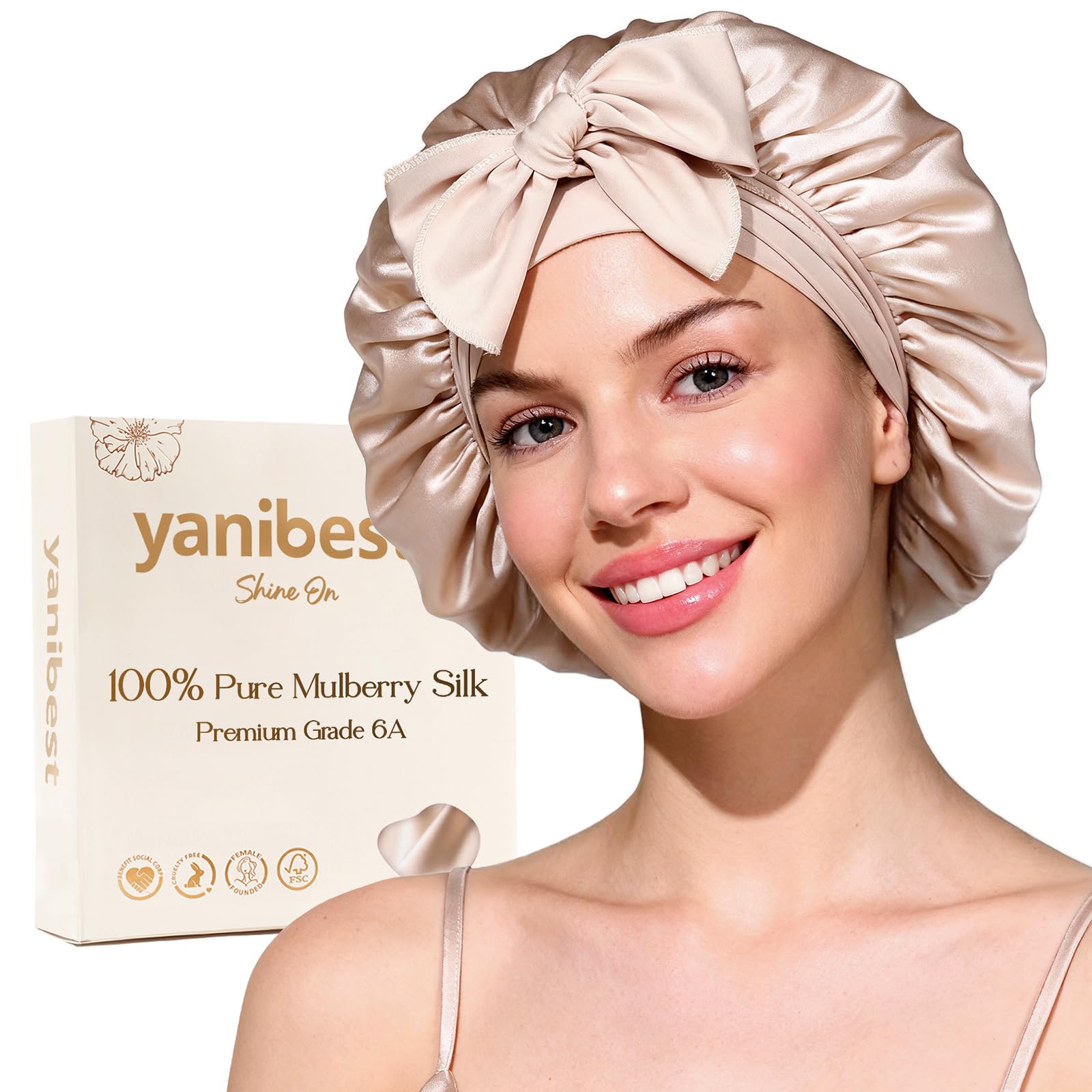 Yanibest Women's Champagne 22 Momme 100% Mulberry Silk Bonnet For Sleeping ,Double Layer Sleep Bonnet With Tie Band, Sleep Cap
