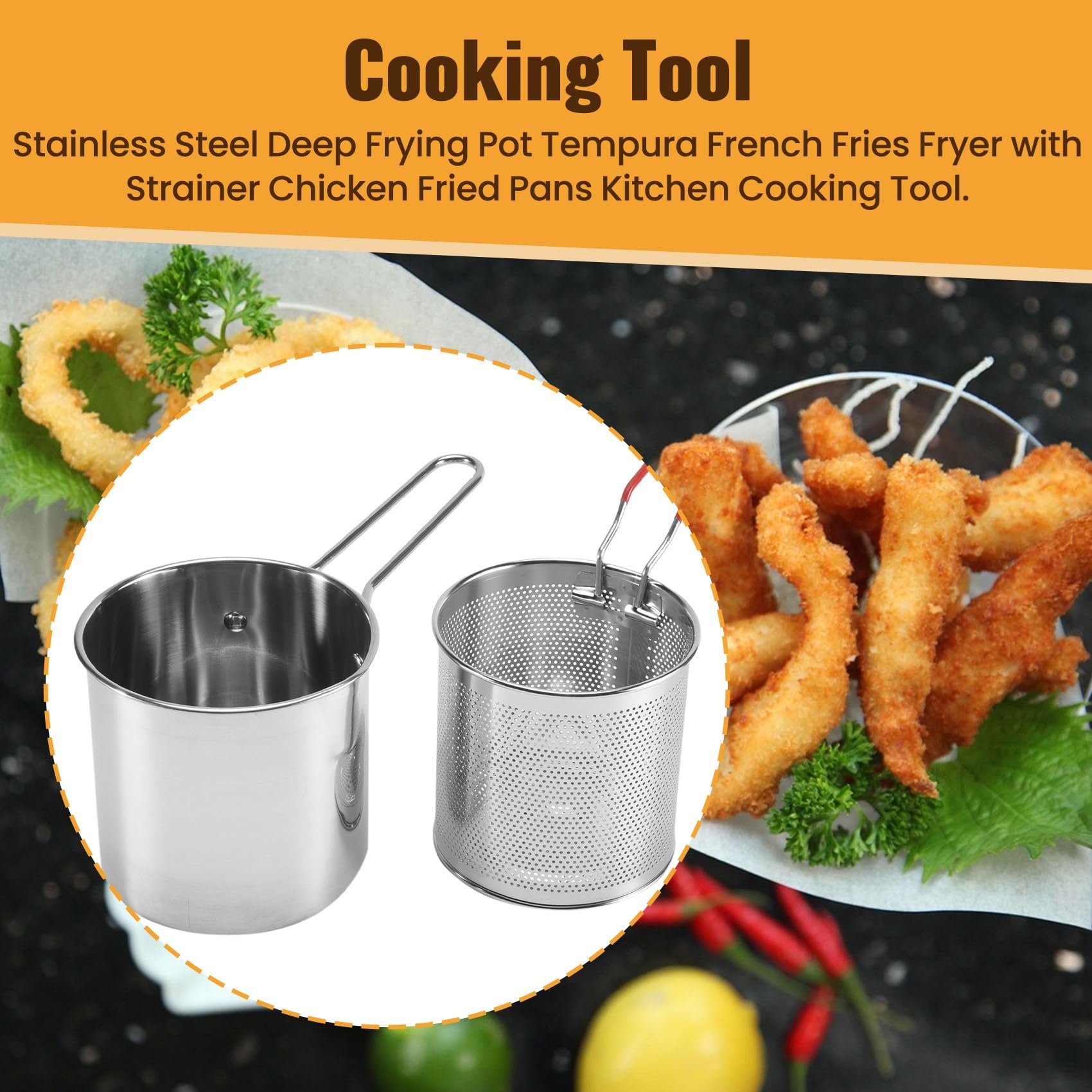 Olla Profunda de Acero Inoxidable Tempura Freidora de Papas Fritas con Colador Sartenes de Pollo Frito Herramienta de Cocina