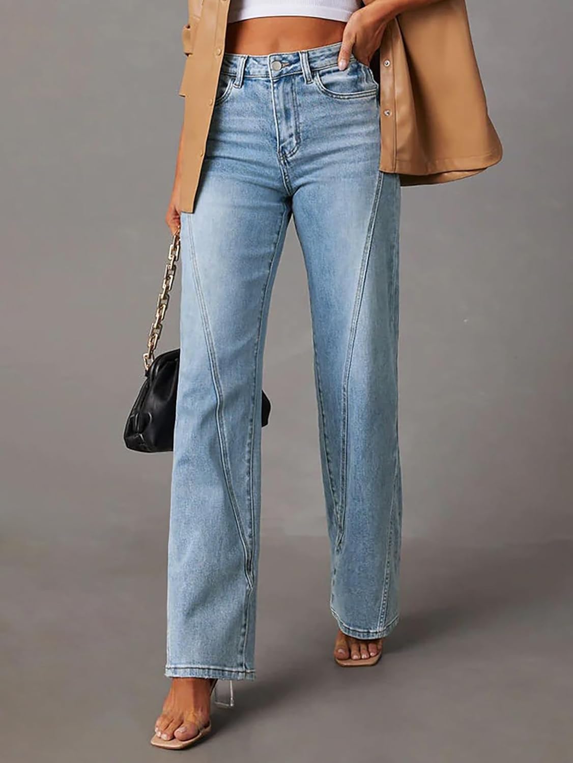 Womens Wide Leg Jeans Mid High Waisted Baggy Straight Leg Stretchy Denim Pants Seamed Long Trousers - Image 2