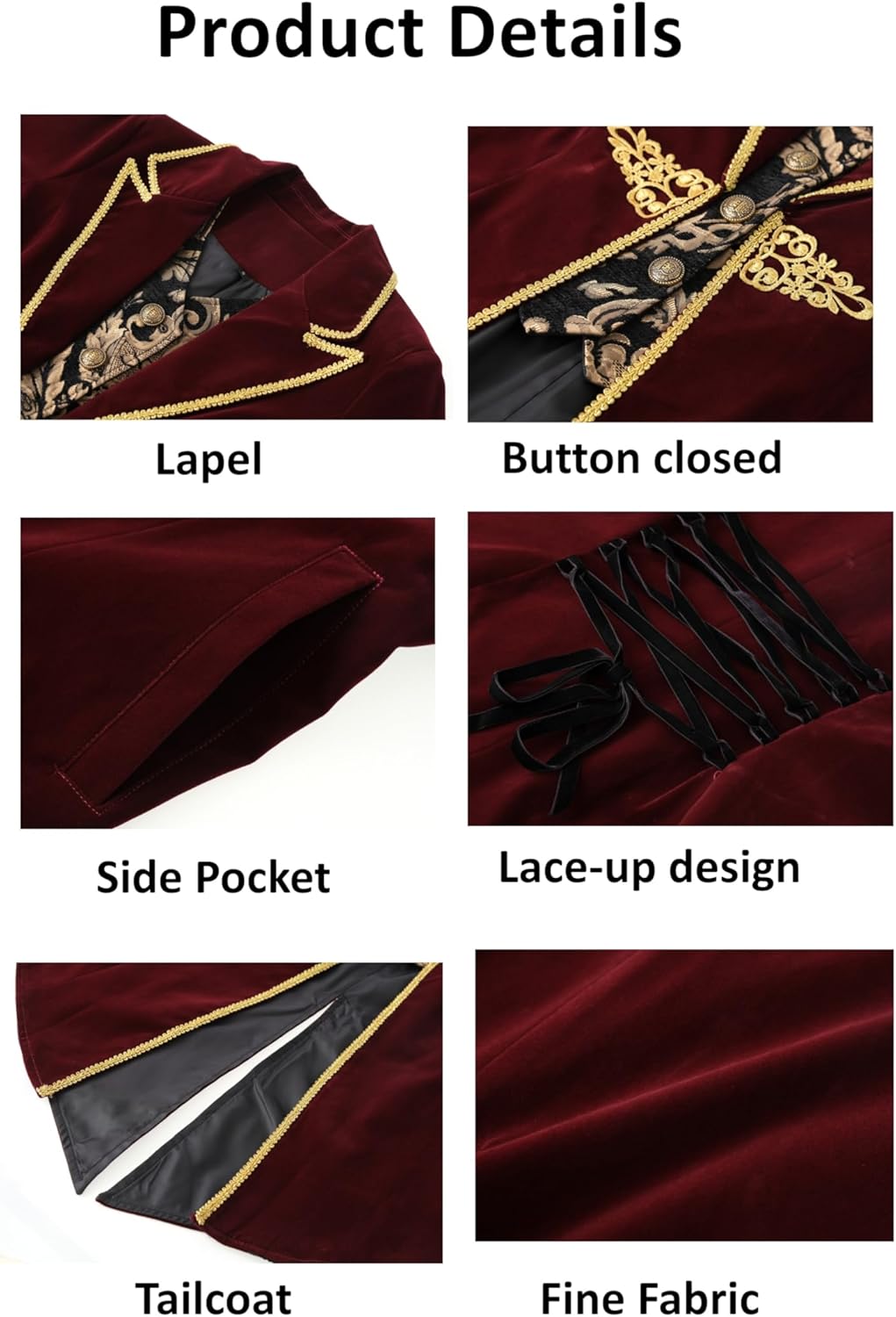 Womens Victorian Renaissance Jacket Steampunk Costume Dress Medieval Tailcoat Pirate Coat - Image 5