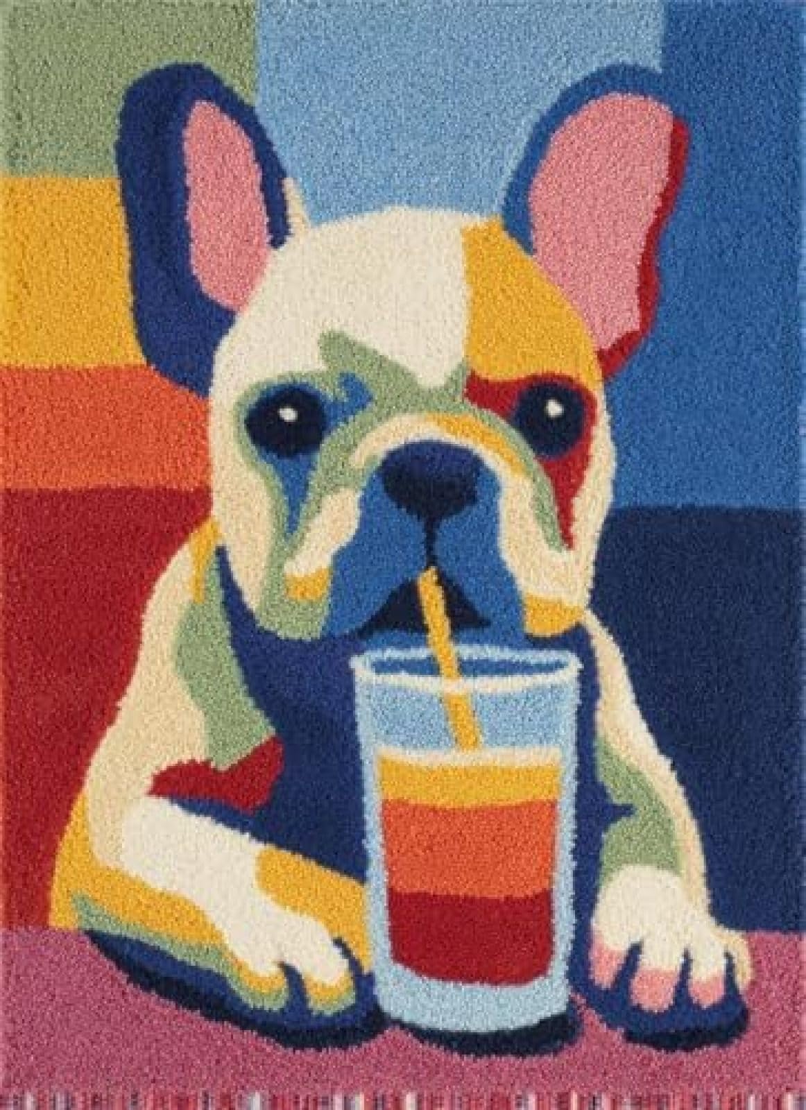 XDEGHUANGSS Latch Hook Rug Kit French Bulldog Puppy Drink Juice Cushion Cover DIY Craft Set Pre-Printed Mat 38x52cm for Home Decor-3