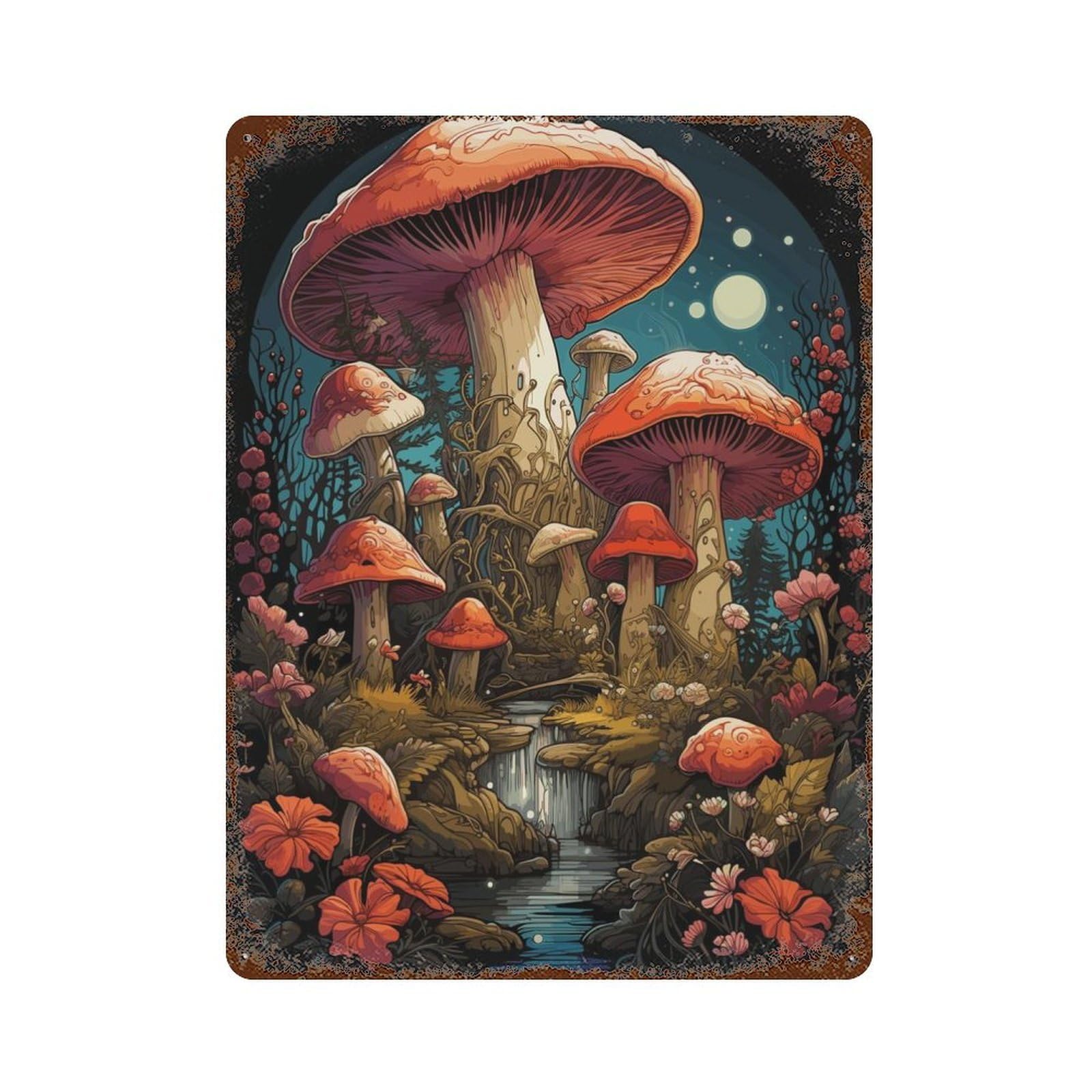 Fantasy Mushroom Landscape Decorative Tin Sign 15.7"x11.8", for Bistro, Counter And Cafe Decor, Retro Wall Decor