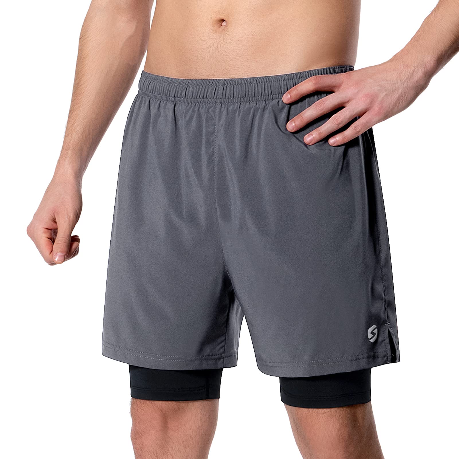 Mens 2 in 1 Running Shorts Quick Dry Athletic Workout Gym Shorts Liner with Back Zipper Pocket