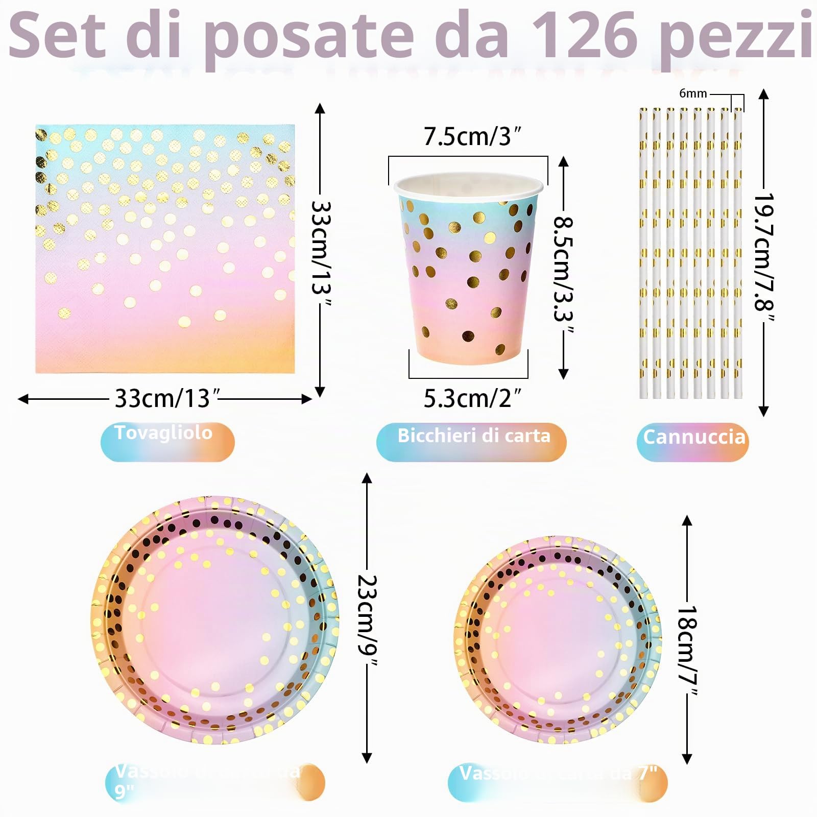 126 Pezzi Stoviglie per Feste,Stoviglie Carta Arcobaleno Set, | Stoviglie per feste di compleanno Include Piatti di Carta Tovaglioli Tazze di Carta Cannucce Tovaglia per Nuziale Doccia