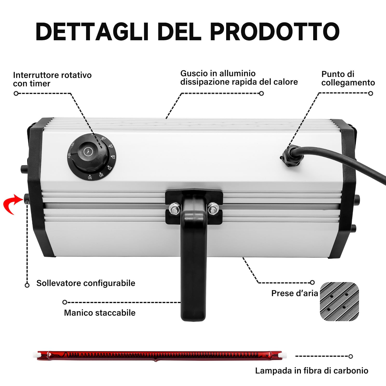 DATOUBOSS Lampada Infrarossi per Carrozzeria 2000W,Lampada per Asciugatura Vernice, Lampada Asciugatura carrozzeria con Timer 0–90 per Riparazione Carrozzeria Auto e Lavori di Verniciatura (650×500m)