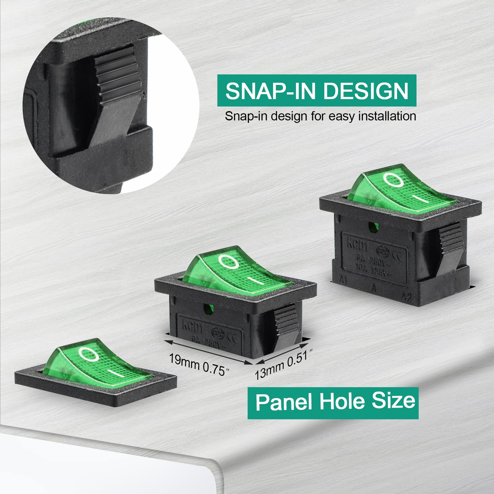 ぽっけ QTEATAK KCD1 SPST On/Off 3-Pin 2-Position Snap DC 12V-24V