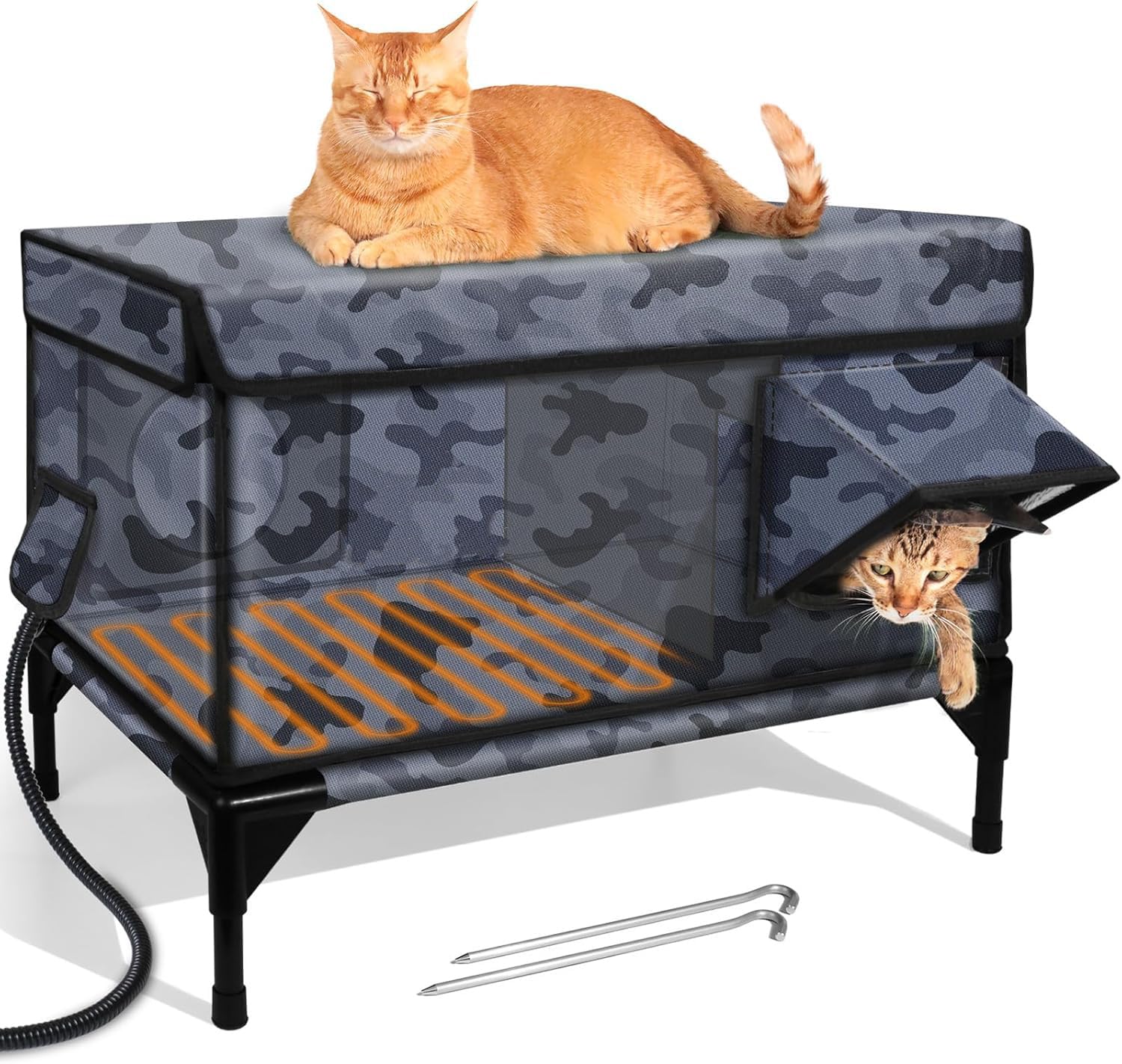 Heated Cat House for Outdoor Cat in Winter, Weatherproof Heated Cat Bed Kitty Shelter with Cat Heating Pad, Waterproof & Insulated & Safe Escape Door, Warm Home for Outside Barn Feral Stray Cat
