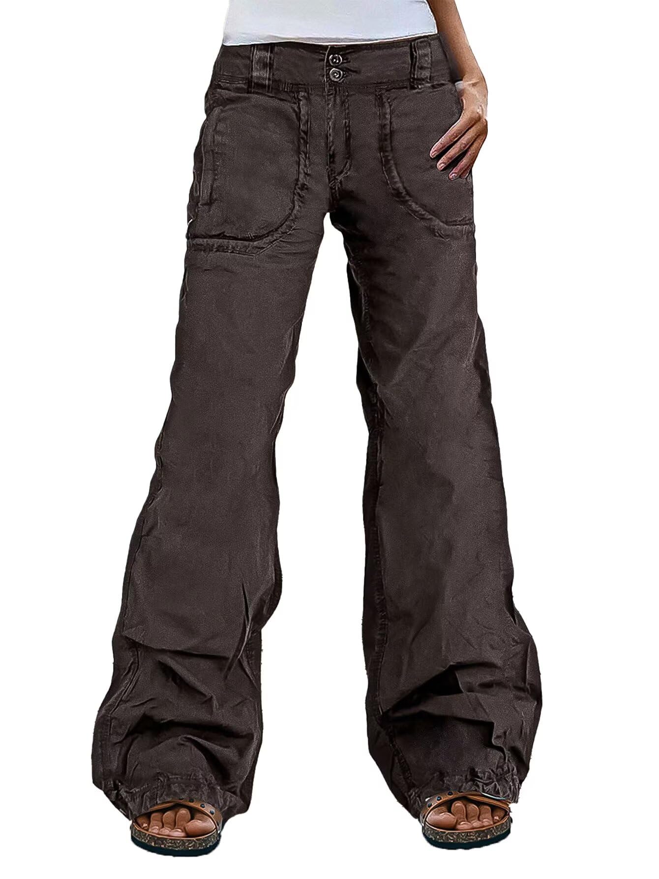 Flamingals Straight Leg Mid Waist Solid Stitch Detail Patch Pocket Pants for Women