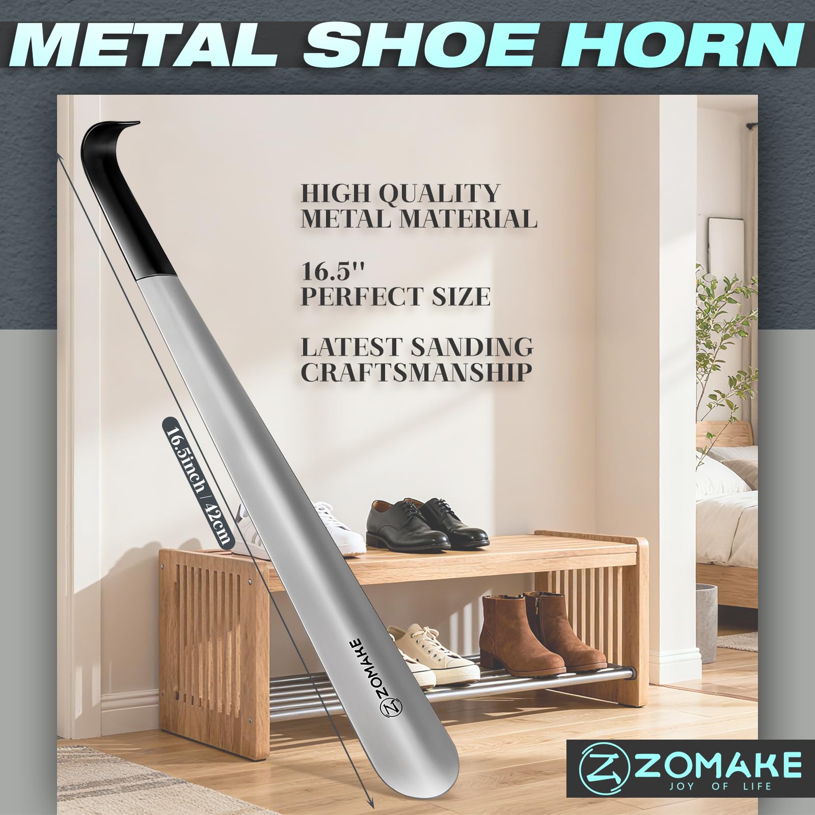 ZOMAKE Łyżka Do Butów Metalowa Długa 42cm,Długa Łyżka Do Stóp Ze Stali Nierdzewnej - Srebrna Łyżka Do Stóp Długa Stajnia Z Gumowym Rękawem Dla Seniorów