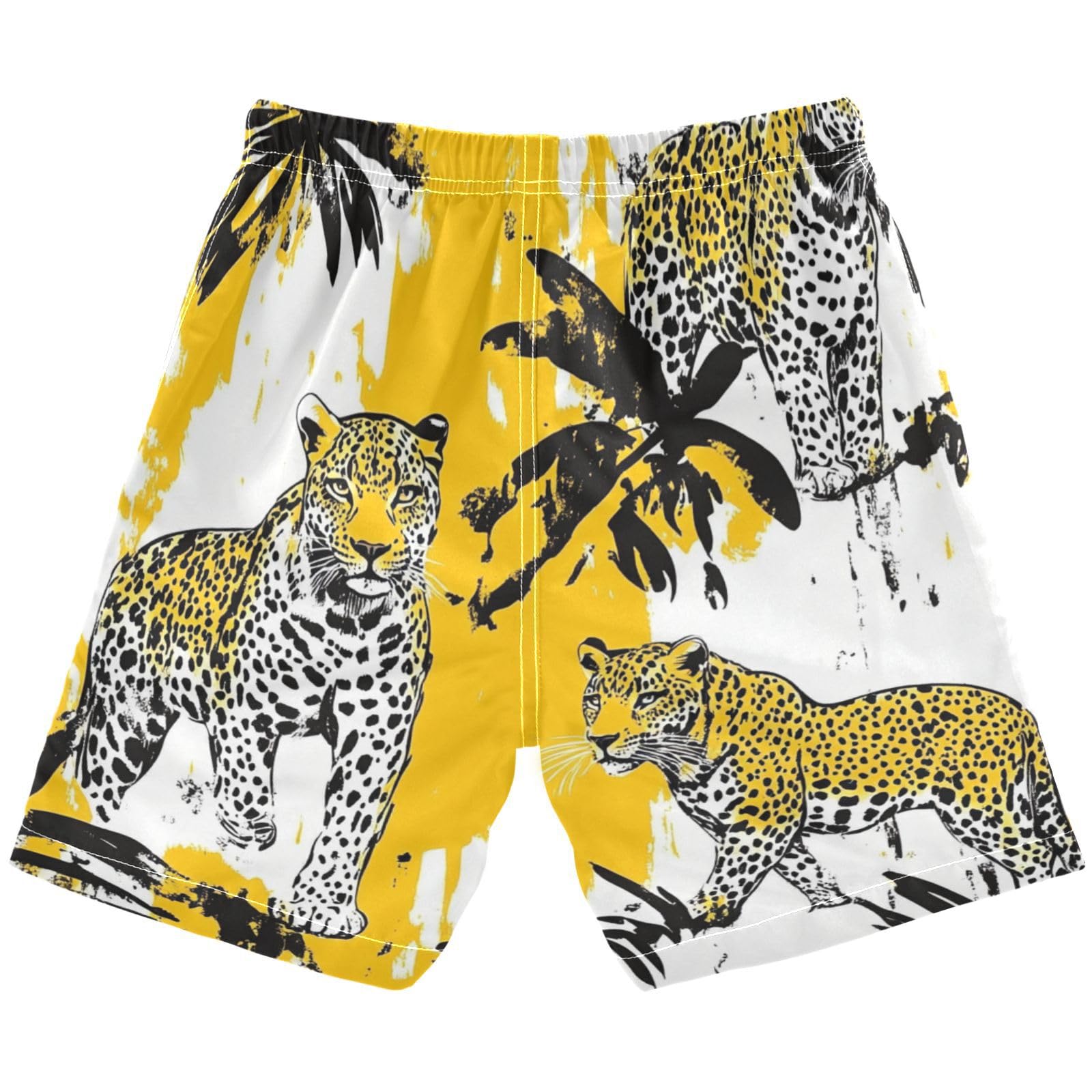 Jucciaco Boys Beach Board Shorts Leopard Animal Yellow Graffiti Swim Trunk Teen Swimwear