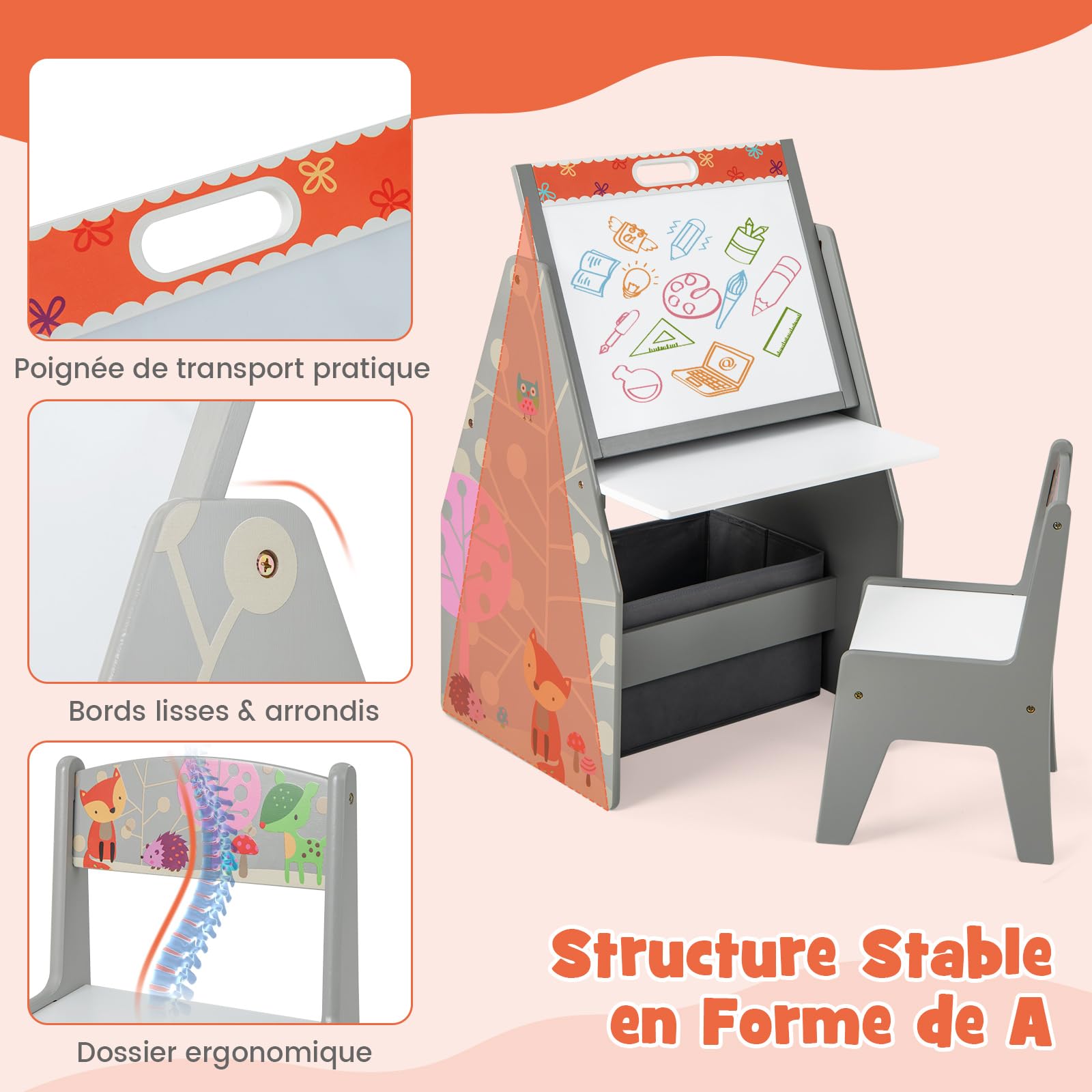 COSTWAY Table Enfants 3 en 1 avec Chaise et Tableau Double Face Réglable, Table à Dessin avec Bac en Tissu, Bibliothèque pour Jouets Livres, Charge 50/10kg Gris