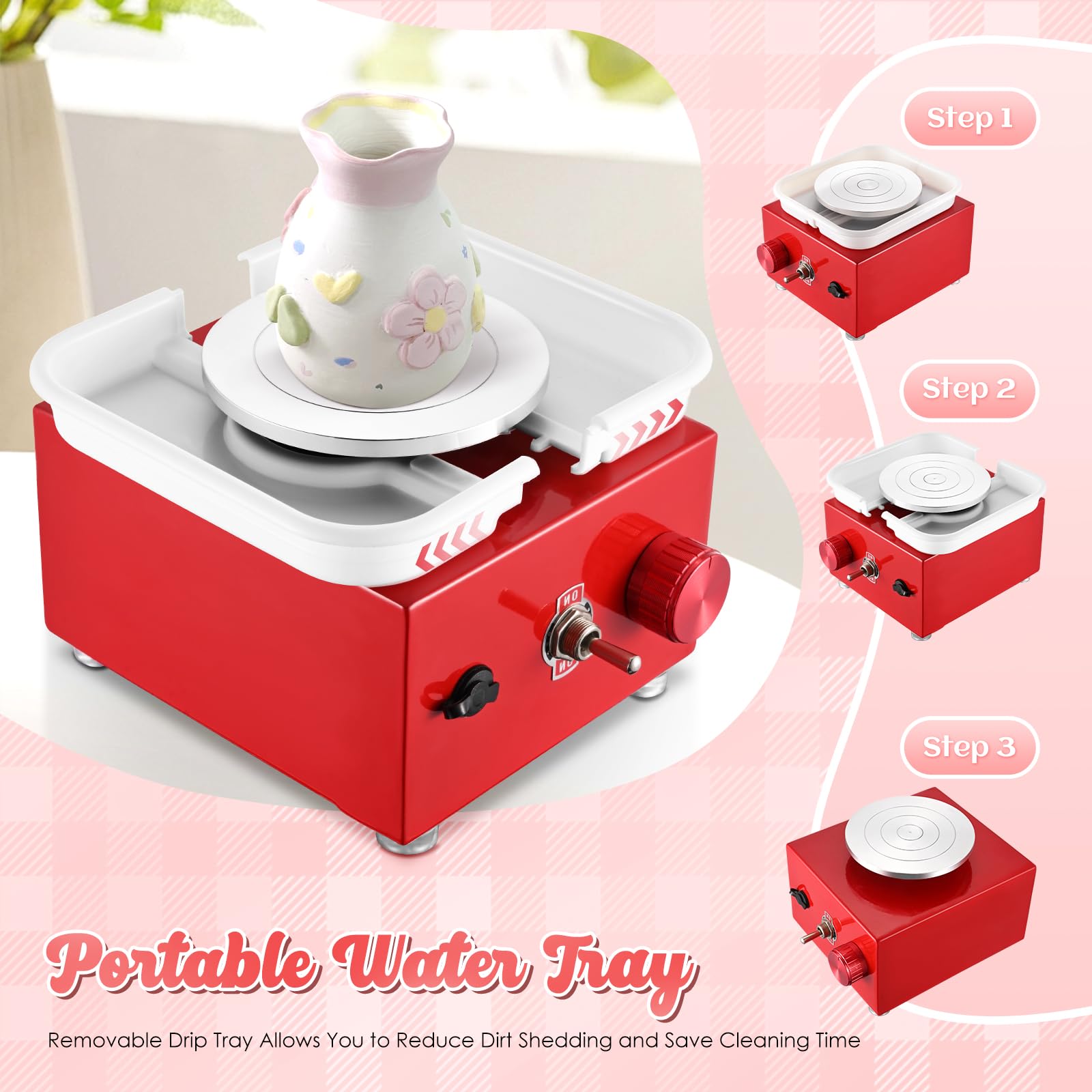 Tornio Per Ceramica Elettrico - Velocità Regolabile Fino A 2000 RPM, Doppi Piatti Girevoli, Bacinella Rimovibile Per Hobby E Laboratori - Foto 4