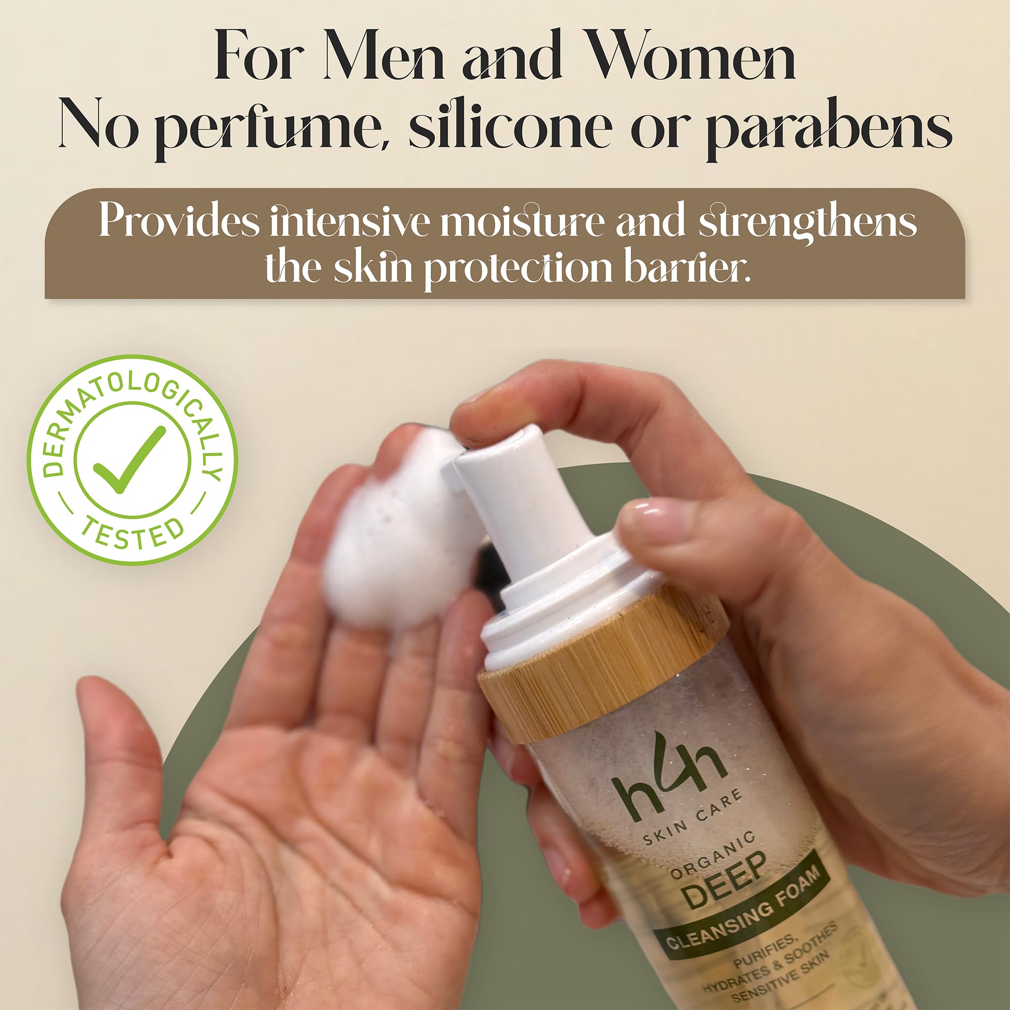Espuma limpiadora facial orgánica – Limpieza facial suave para pieles sensibles – Con aloe vera, ácido hialurónico y manzanilla – Limpiador de espuma hidratante – Vegano y sin perfume – 150 ml