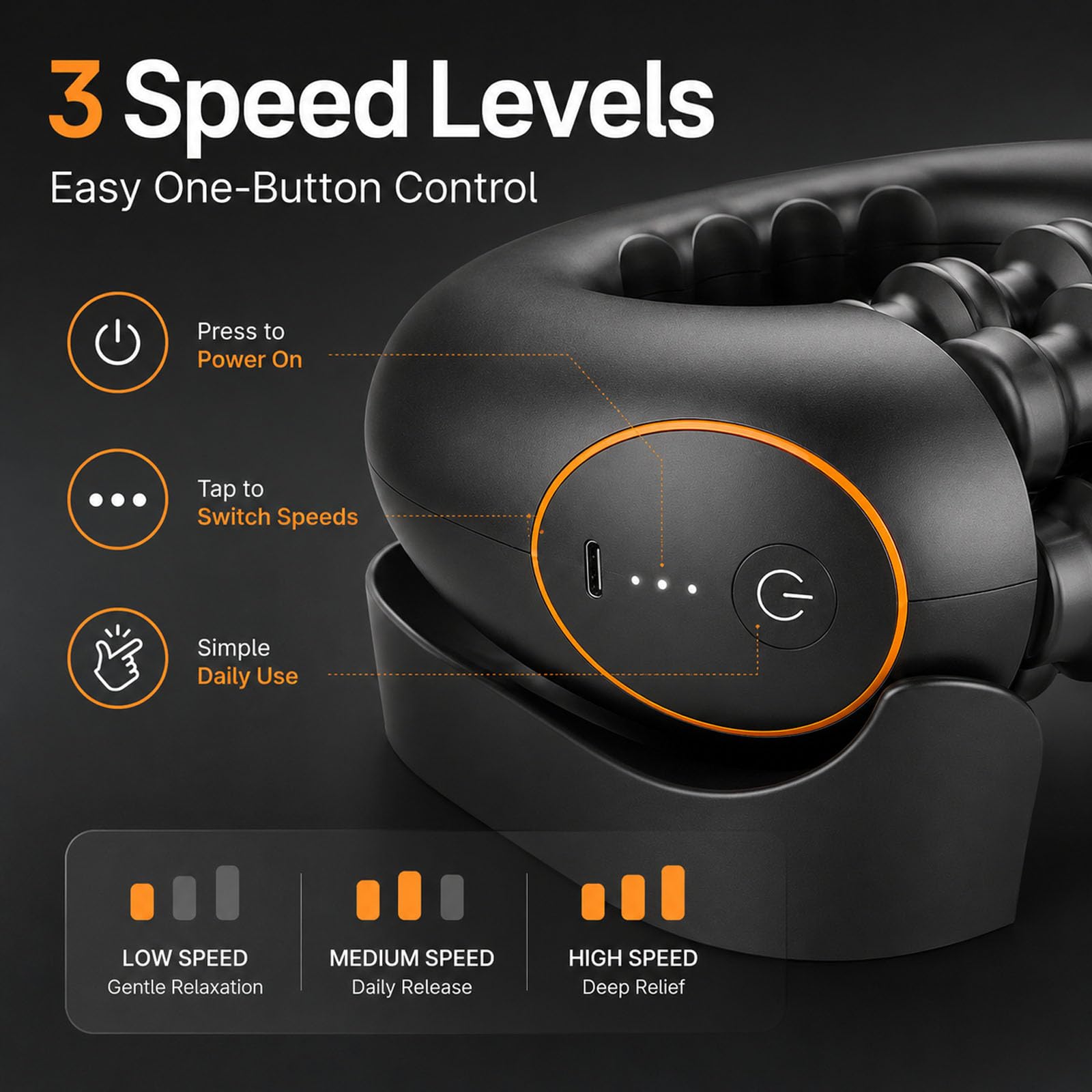 Electric Handheld Rolling Massager, 3 Vitesses, Moteur Puissant, Large Surface – Rouleau de Massage pour Le Dos, Épaules, Jambes – Masseur à Rouleaux Rechargeable
