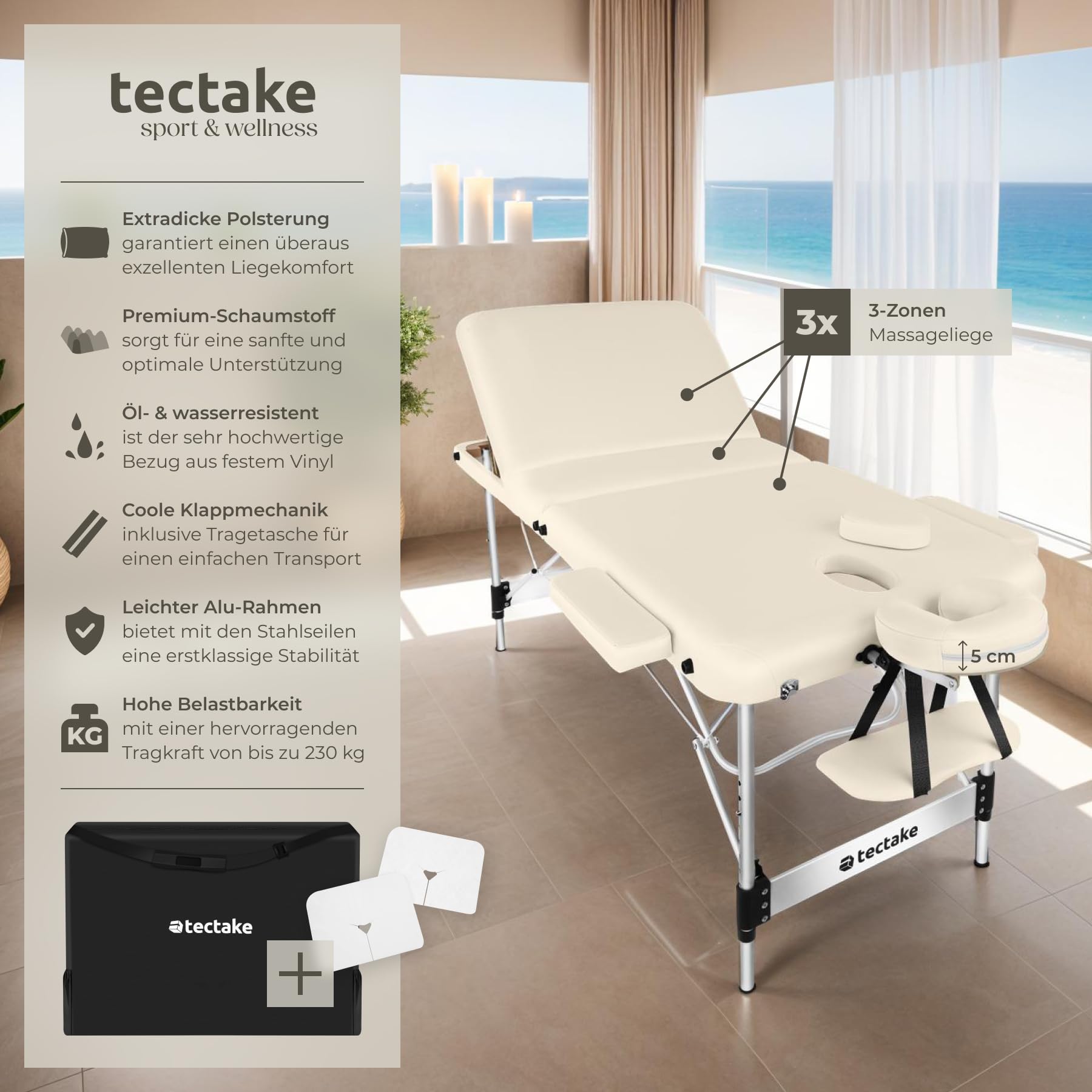 tectake Massageliege 3 Zonen klappbar höhenverstellbar Aluminium Massagetisch tragbar inkl. Zubehör beige