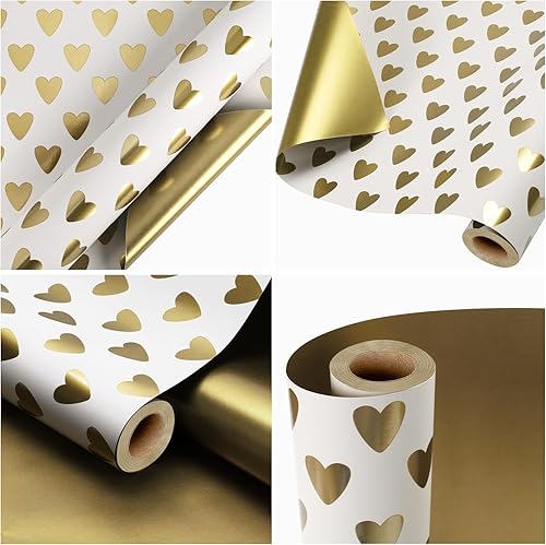 Miniatura 7 de LaRibbons Rollo de papel de regalo reversible para boda, papel de regalo con corazón dorado sobre diseño blanco, perfecto para cumpleaños, despedida