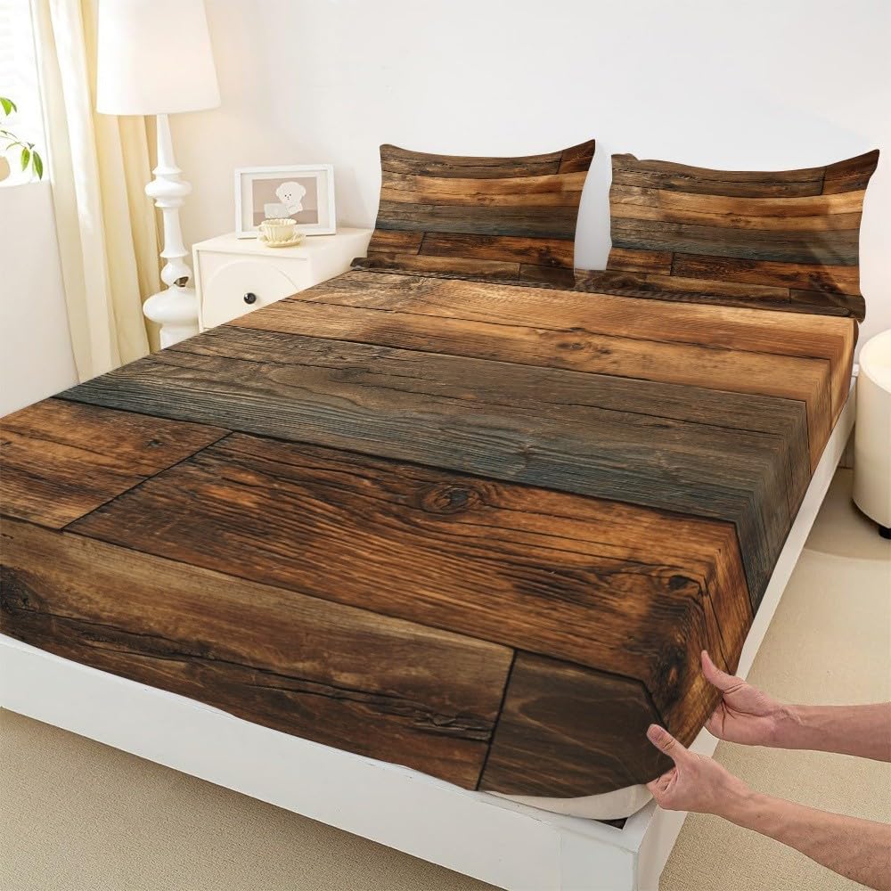 Sábana Bajera Ajustable 160x200x30 cm para Colchón Grano de Madera Retro Microfibra Suave y Transpirable, Funda de Colchón MarróN Elástico en el Borde, Bolsillo Profundo 30 cm