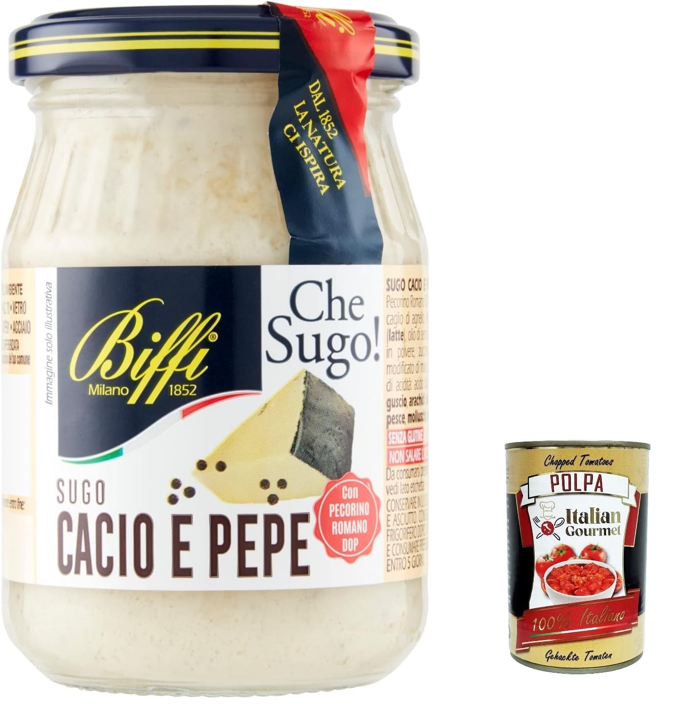 Italian Gourmet Bundle 3 x Biffi Che Sugo Cacio e Pepe 190 g, sauce crémeuse au Pecorino Romano DOP et poivre noir, sauce pour pâtes sans gluten, spécialité italienne + Italian Gourmet Polpa