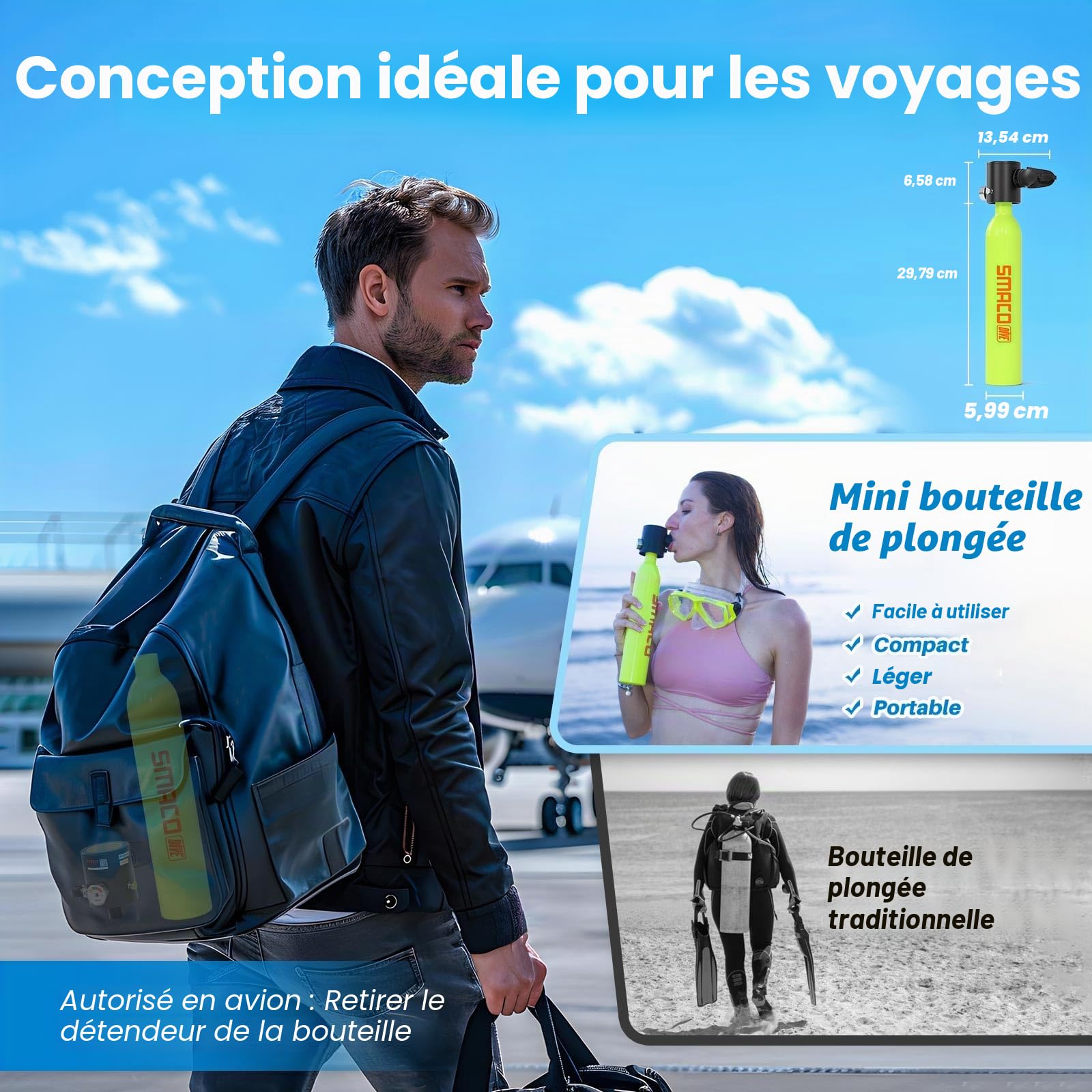 SMACO S300 Mini Bouteille de Plongée Rechargeable 0,5L Petite Bouteille de Plongee sous-Marine Mini Bouteille d'oxygène Plongee pour Respirer sous l'eau Nettoyage du Bateau Source d'air de Secours
