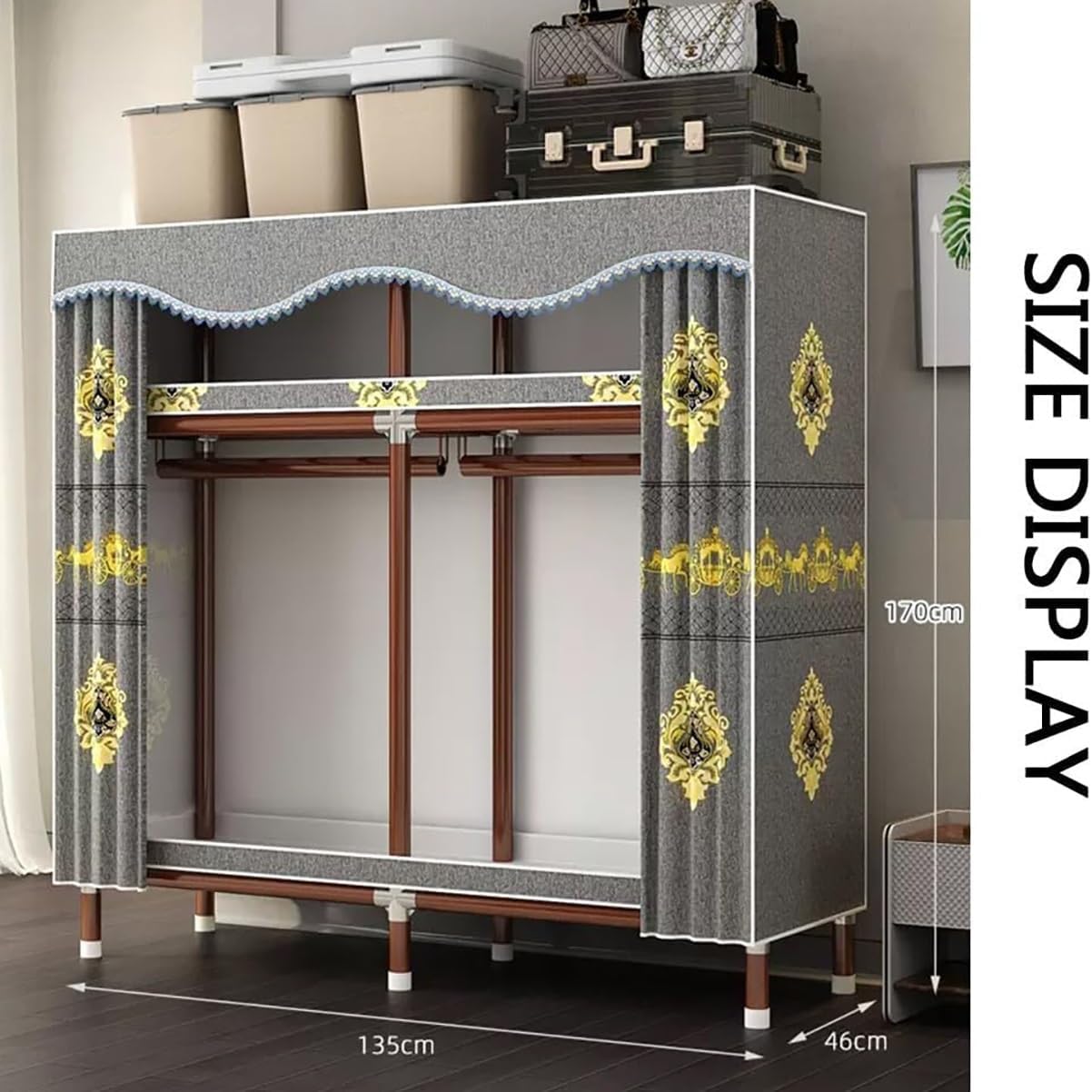 Large Portable Closet Wardrobe Clothes Storage Organizer with 2 Hanging Rods Ans 2 Storage Shelves Modern Armoire Metal Frame for Bedroom (Color : A, Size : 130x46x170cm)