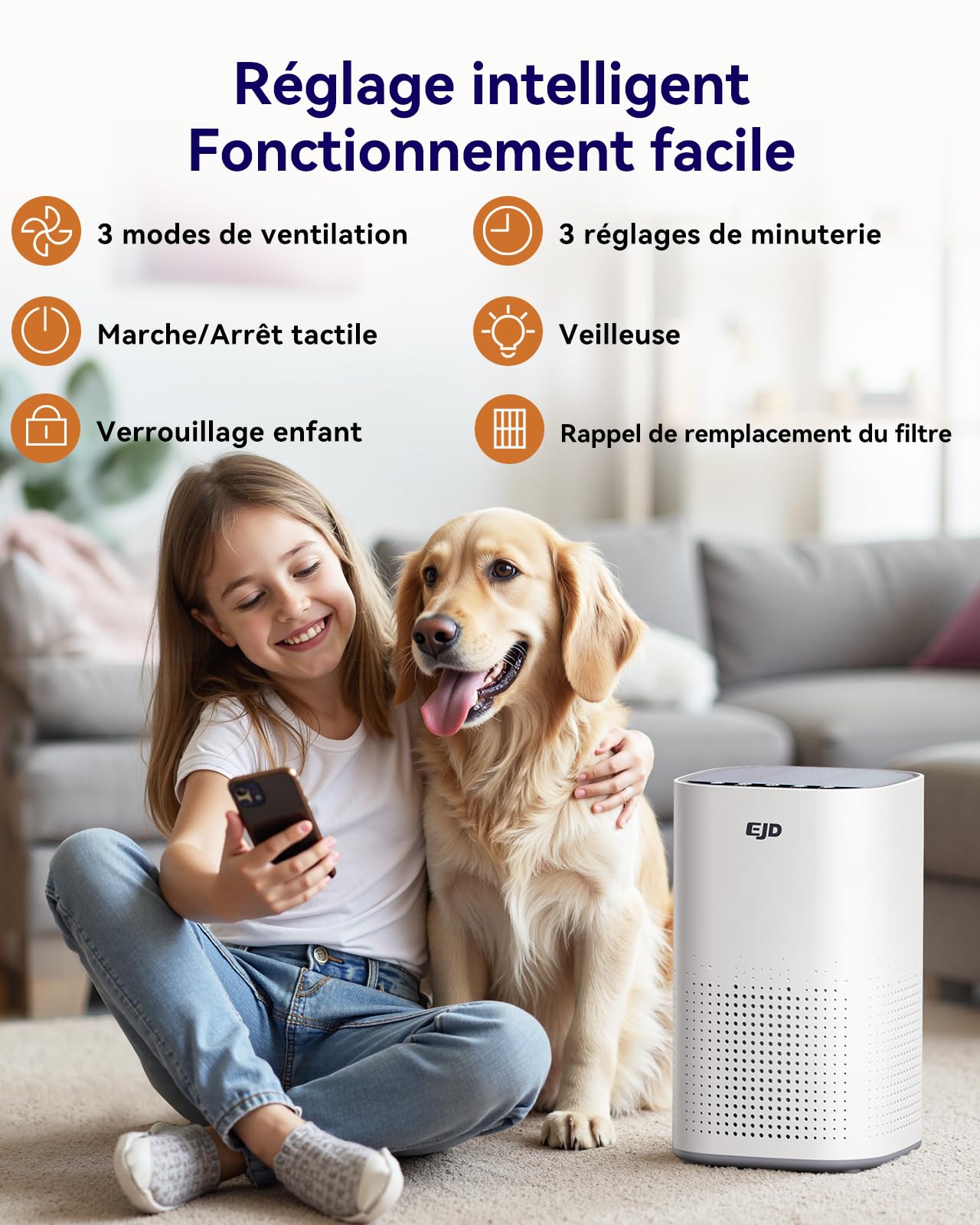 Purificateur d'air pour grande chambre à coucher jusqu'à 70 m² avec CADR 223 m³/h, purificateur d'air HEPA H13 silencieux avec mode nuit à 15 dB, filtre 3 en 1 éliminant 99,97% des particules fines.