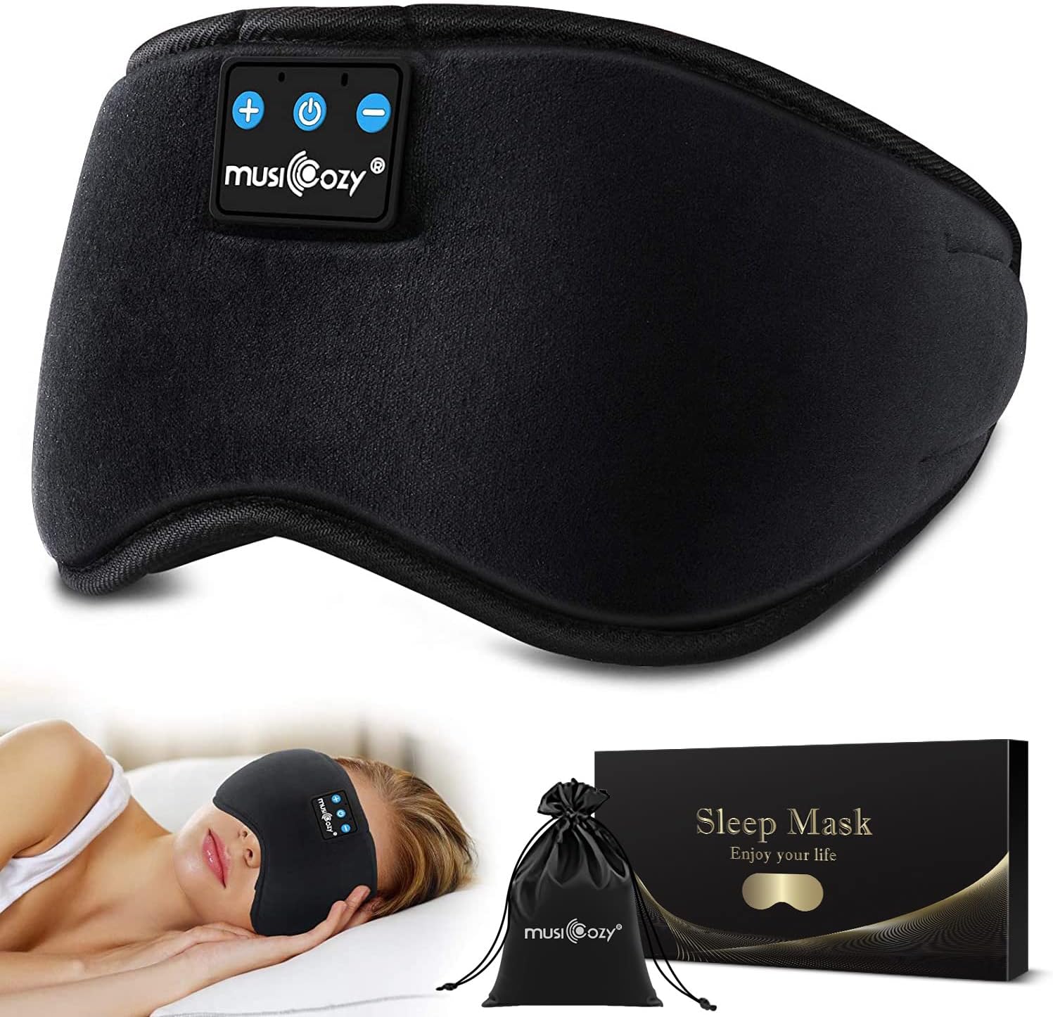 MUSICOZY Sleep Headphones, Wireless Sleeping Eye Mask, Bluetooth Headband Sleeping Headphones for Women Men Office Travel, Wireless Music Eye Mask, Built-in HiFi Speakers Microphone