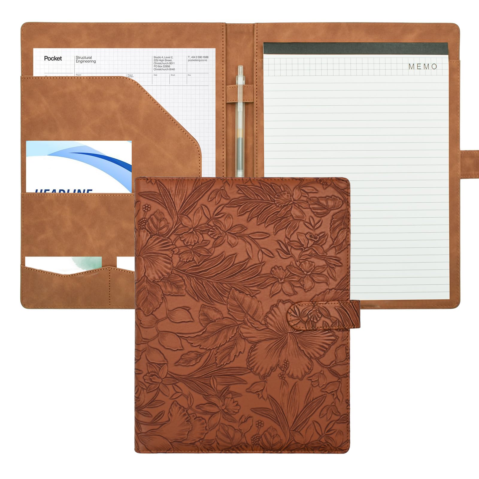 VANRA Padfolio Portfolio Binder Faux Leather Interview Resume Folder with Notepad, Document Organizer Card Holder, Letter-Sized Notepad Portfolio Organizer for Business School Office (Brown)