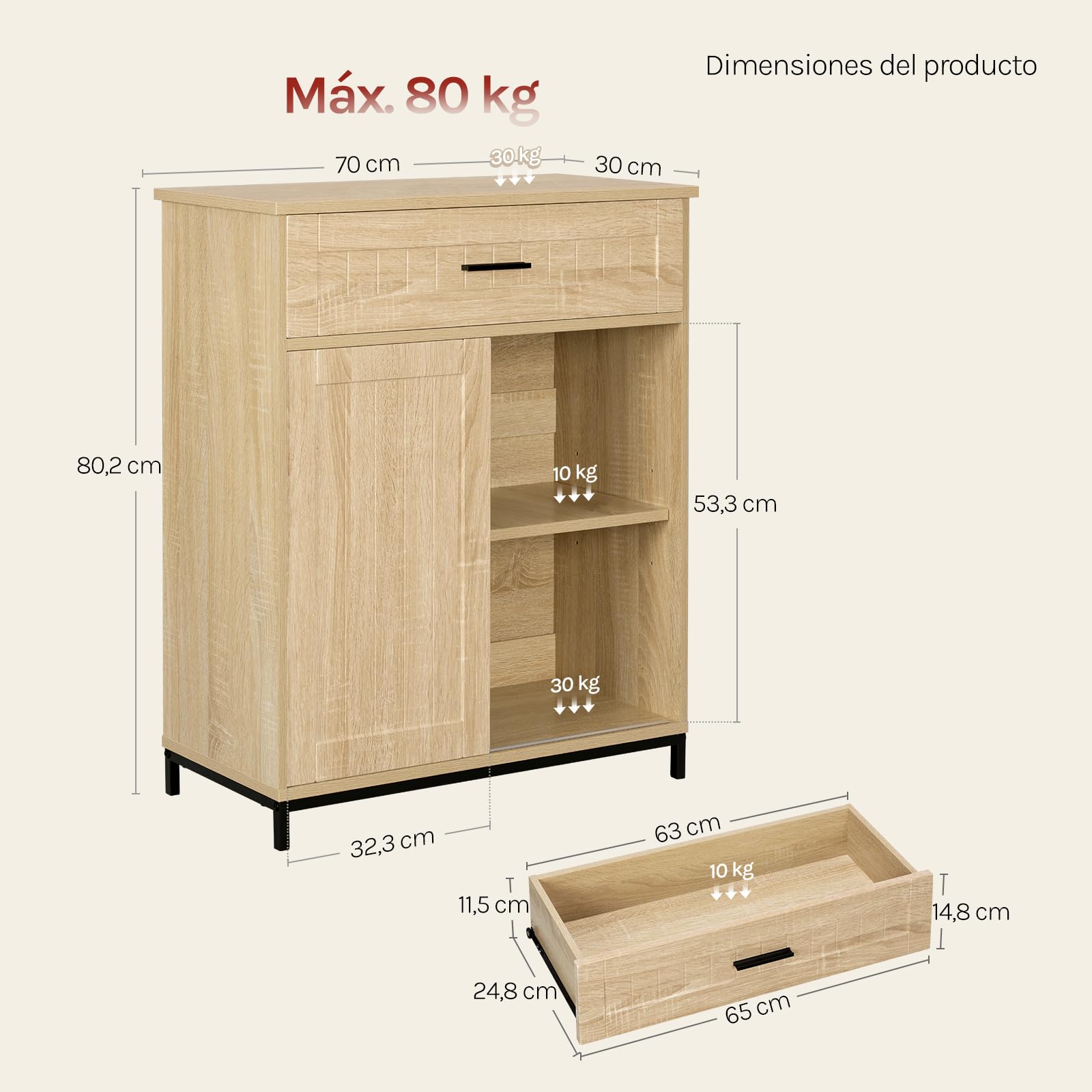 WOLTU Aparador Cocina, Mueble de Cocina para Almacenamiento, con Cajón, Puerta Corredera, para Comedor y Salón, 70x30x80,2 cm, de MDF y Metal, Roble Claro + Negro