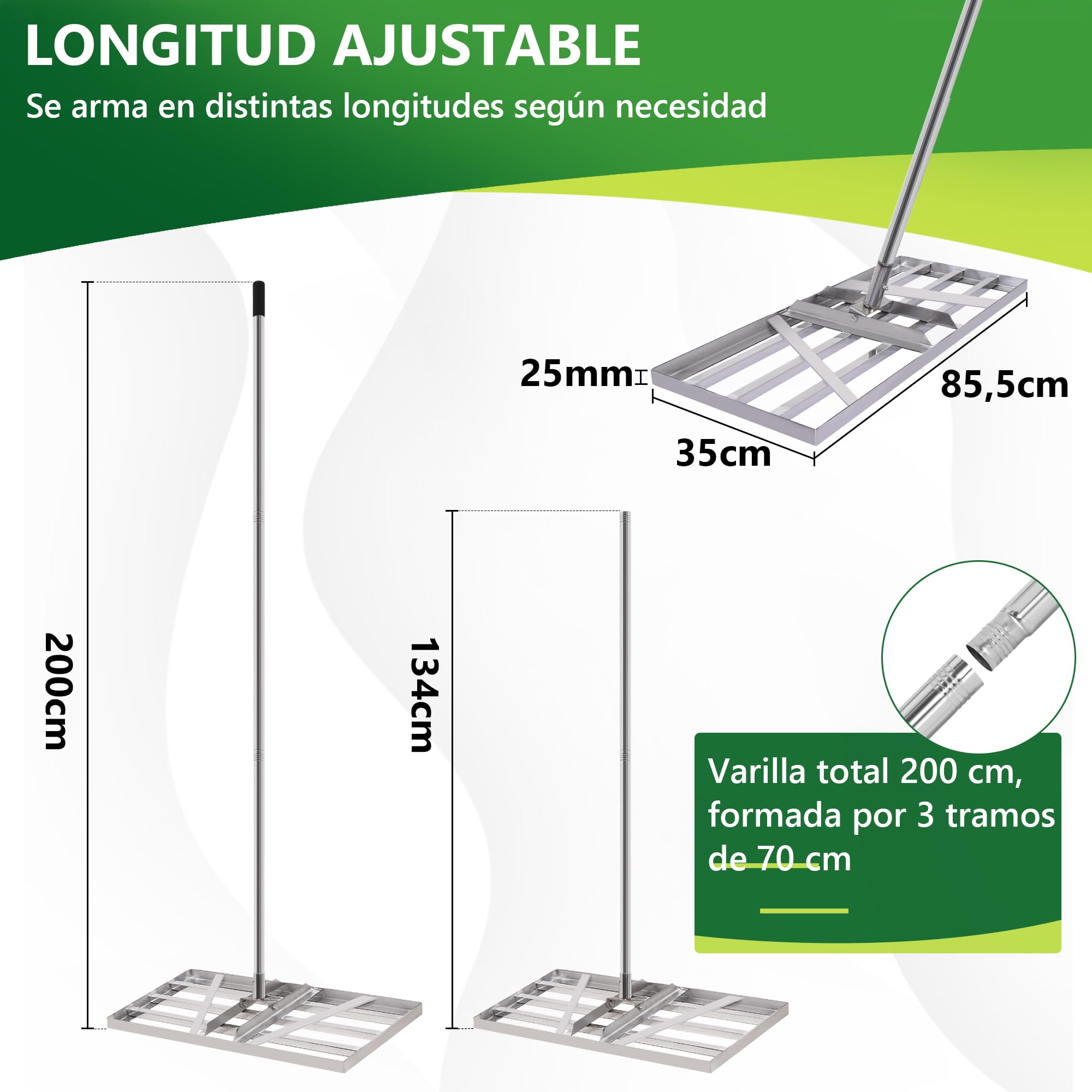 Rasqueta XXL de 85 x 35 cm, con mango ajustable de 2 m, rasqueta para césped, arenas, nivelador de jardín, rasqueta para césped, para patio, jardín, golf
