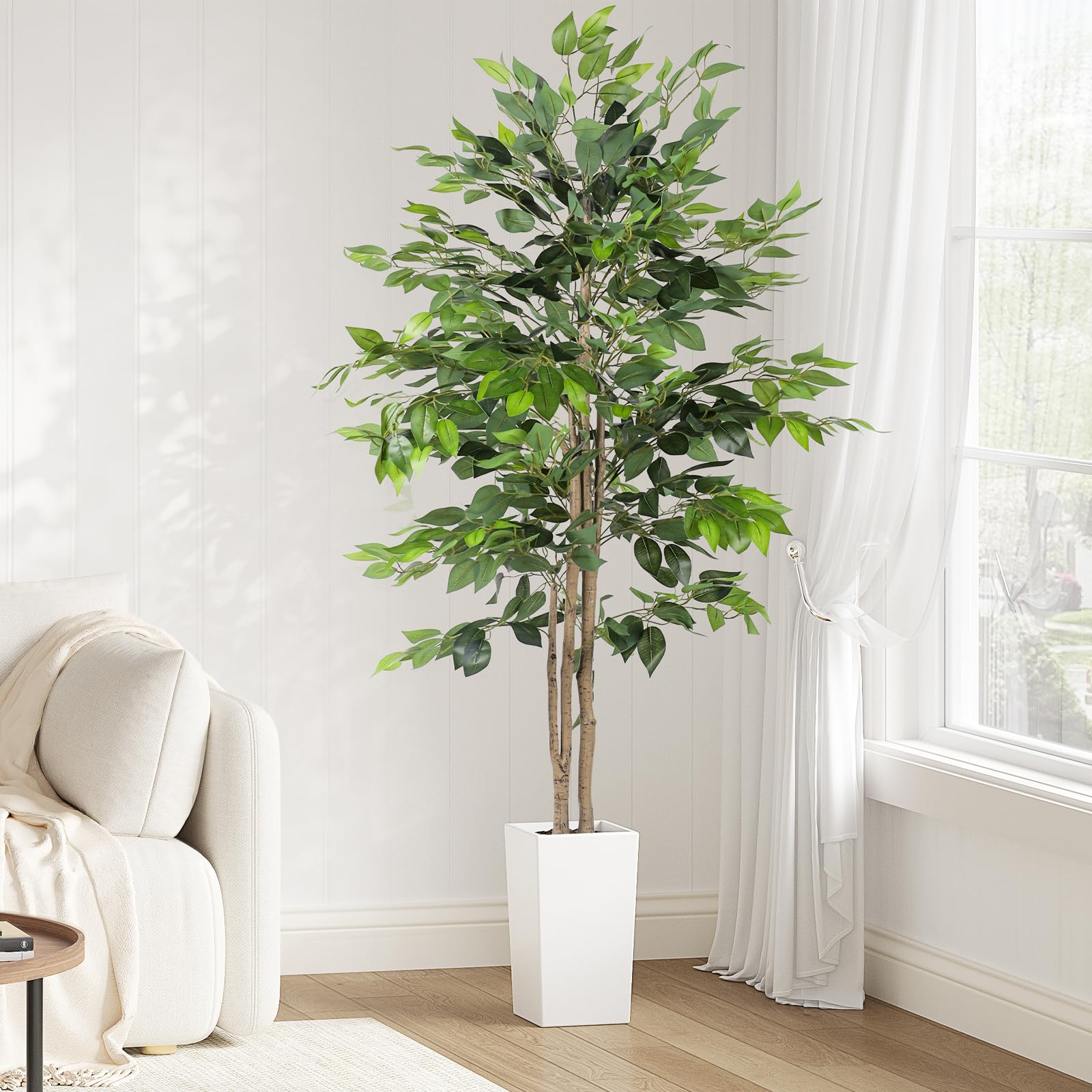 YOLEO Kunstpflanze Ficus Benjamini 180cm mit weißem Topf | Kunstbaum Ficusbaum wie echt, Birkenfeige für Wohnzimmer, Büro, Garten