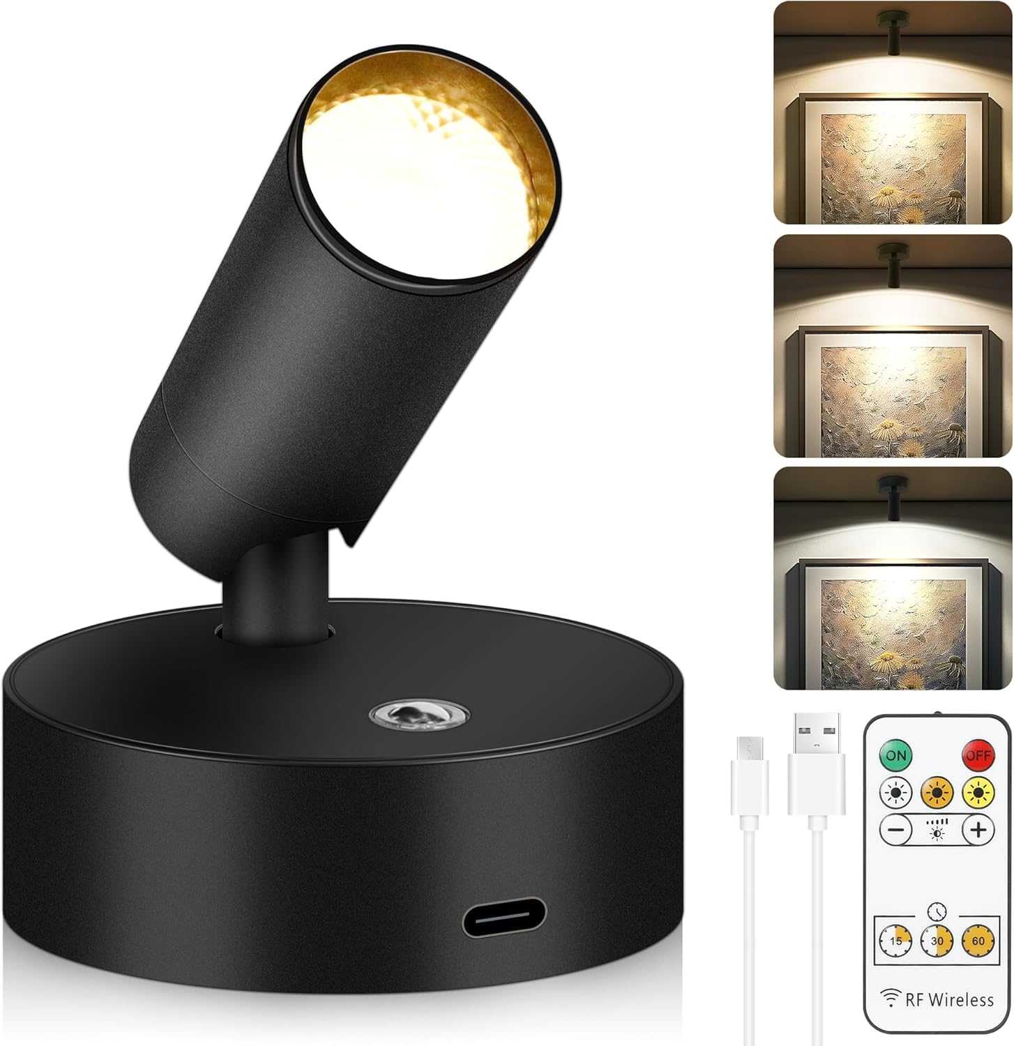 1Pcs Wireless Spotlights, Indoor Rechargeable Plant Spotlight, Wireless LED Uplighting with Timer＆Dimmable, 3CCT Tree Lights Indoor Battery Operated, for Wall Art Display Dartboard Painting Artwork