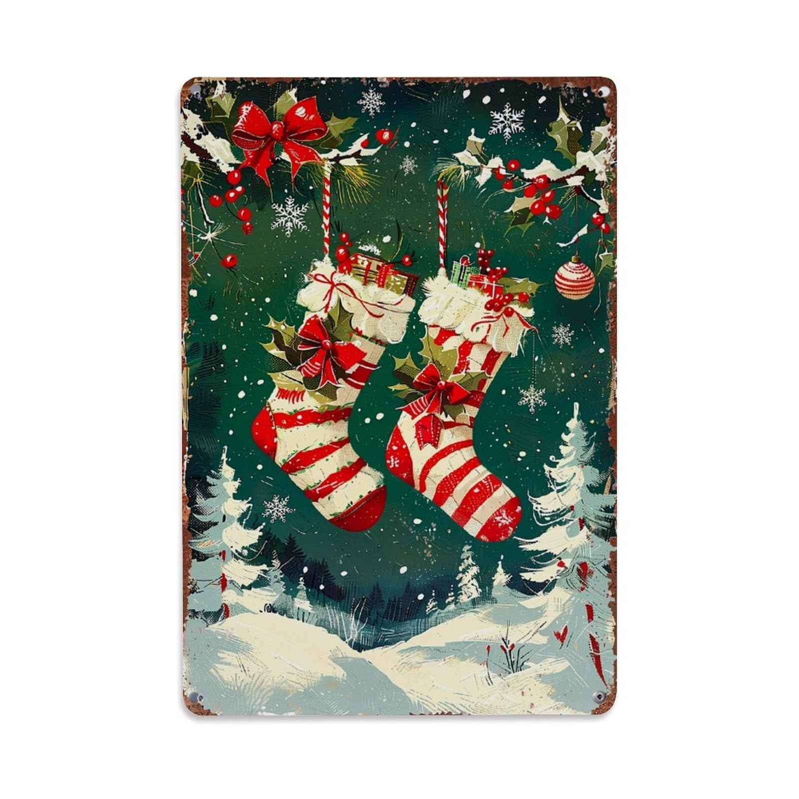 Jdfenggu Vintage Christmas Stockings Snowflakes Holly Berries Retro Metal Tin Sign, Decor Art Poster For Bar, Home, Man Cave, Kitchen, Laundry Room Gift 8X12inch