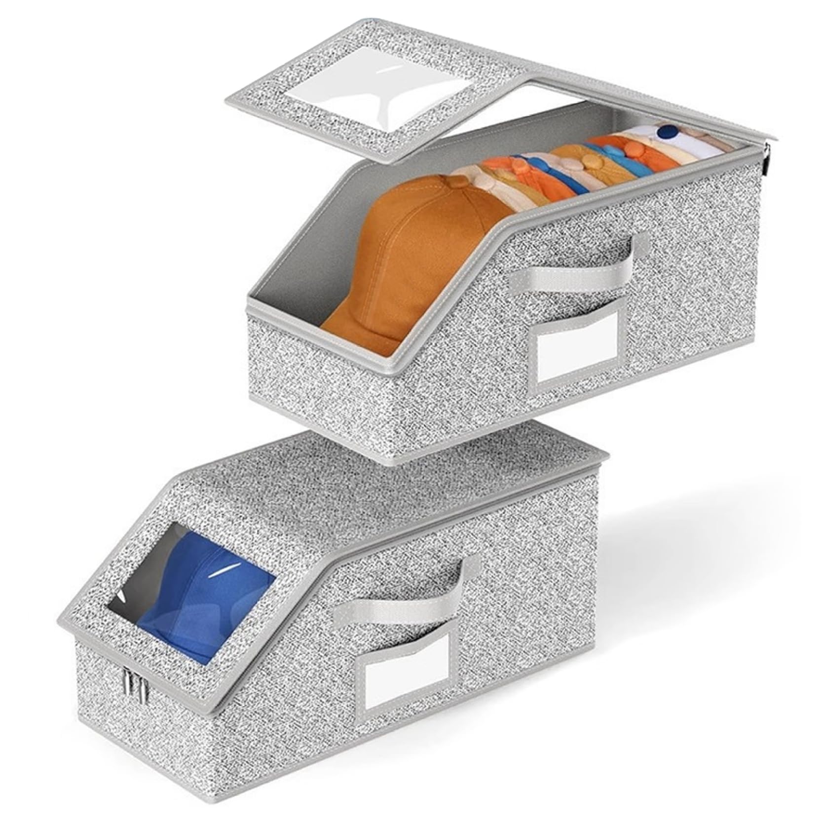 Tsawntd Hat Organizer Box 2PCS Stackable Hat Storage for Baseball Caps, Holds up to 24 Baseball Cap Organizer with Visible Window ＆ Handle for Closet Cap for Caps